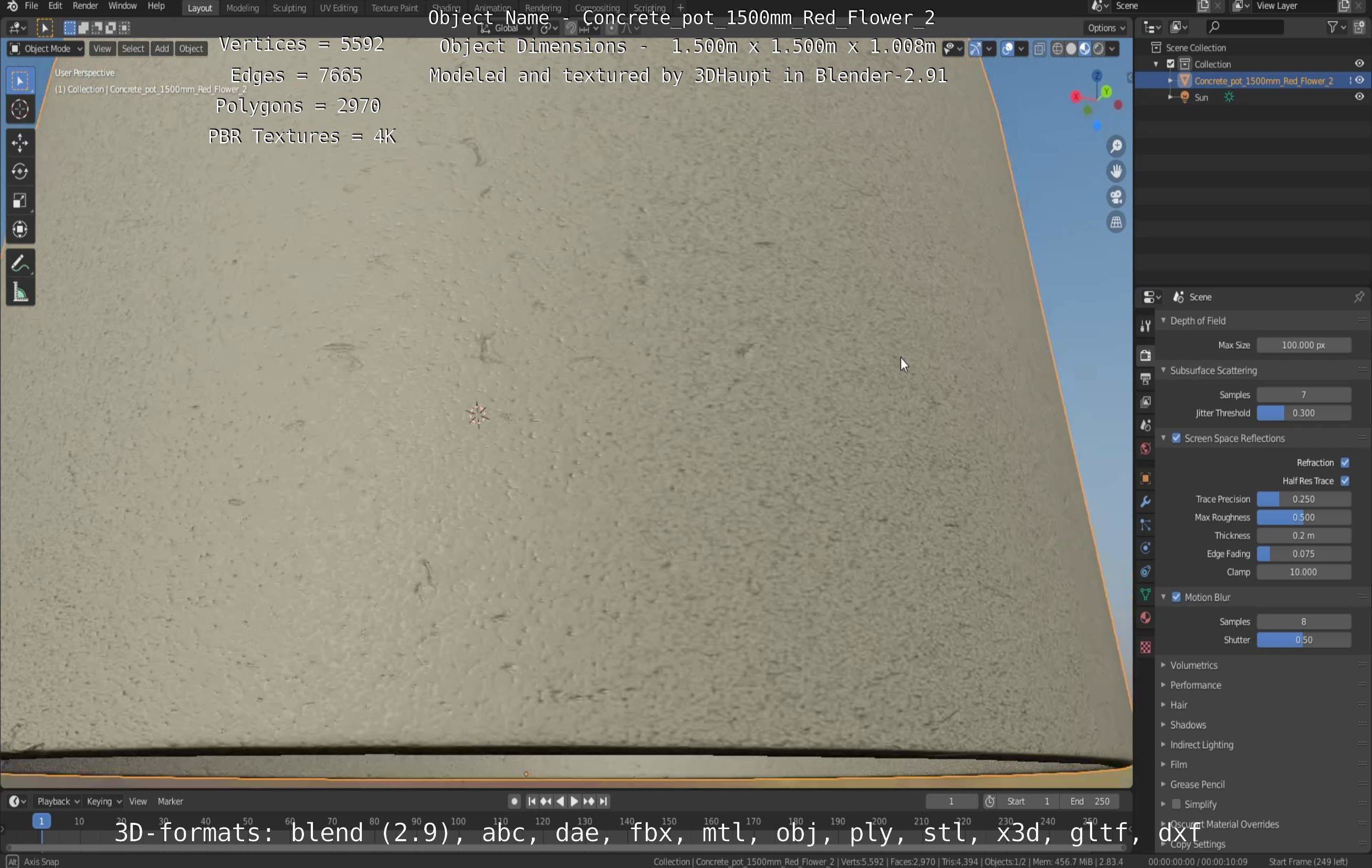 Concrete Pot 1500mm with Red Flowers Version 2 Low-poly 3D model_124