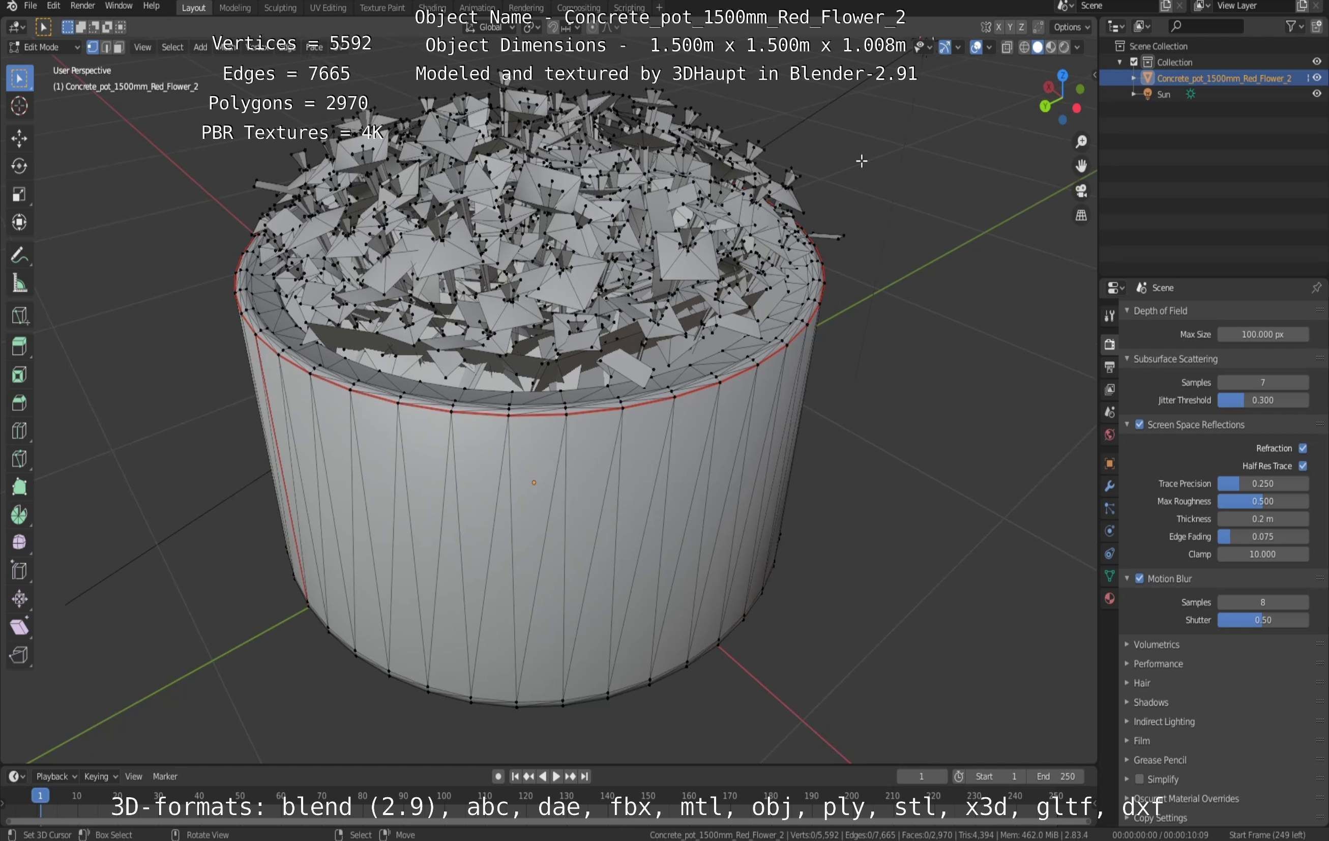 Concrete Pot 1500mm with Red Flowers Version 2 Low-poly 3D model_117
