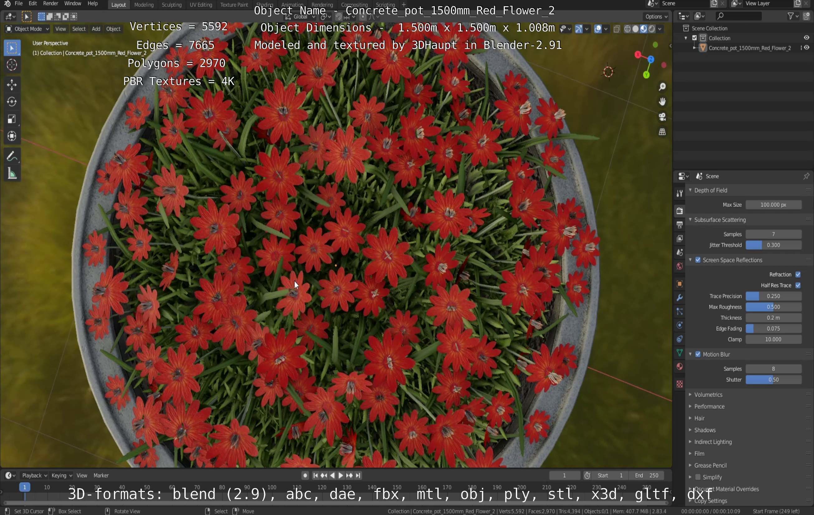 Concrete Pot 1500mm with Red Flowers Version 2 Low-poly 3D model_36