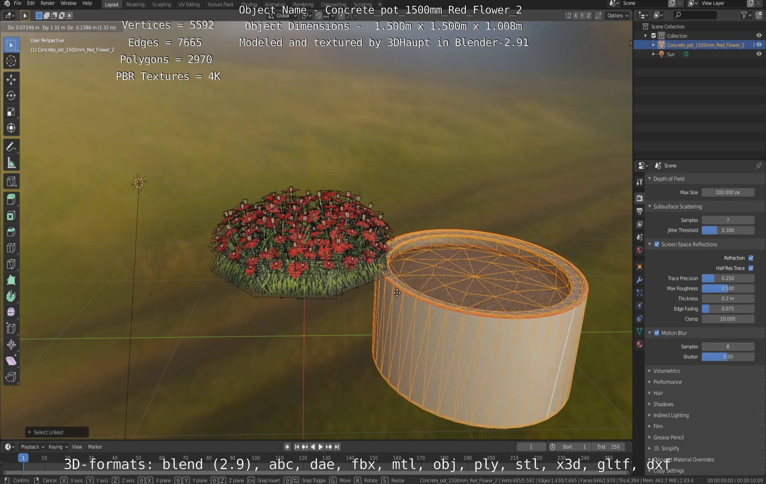 Concrete Pot 1500mm with Red Flowers Version 2 Low-poly 3D model_21