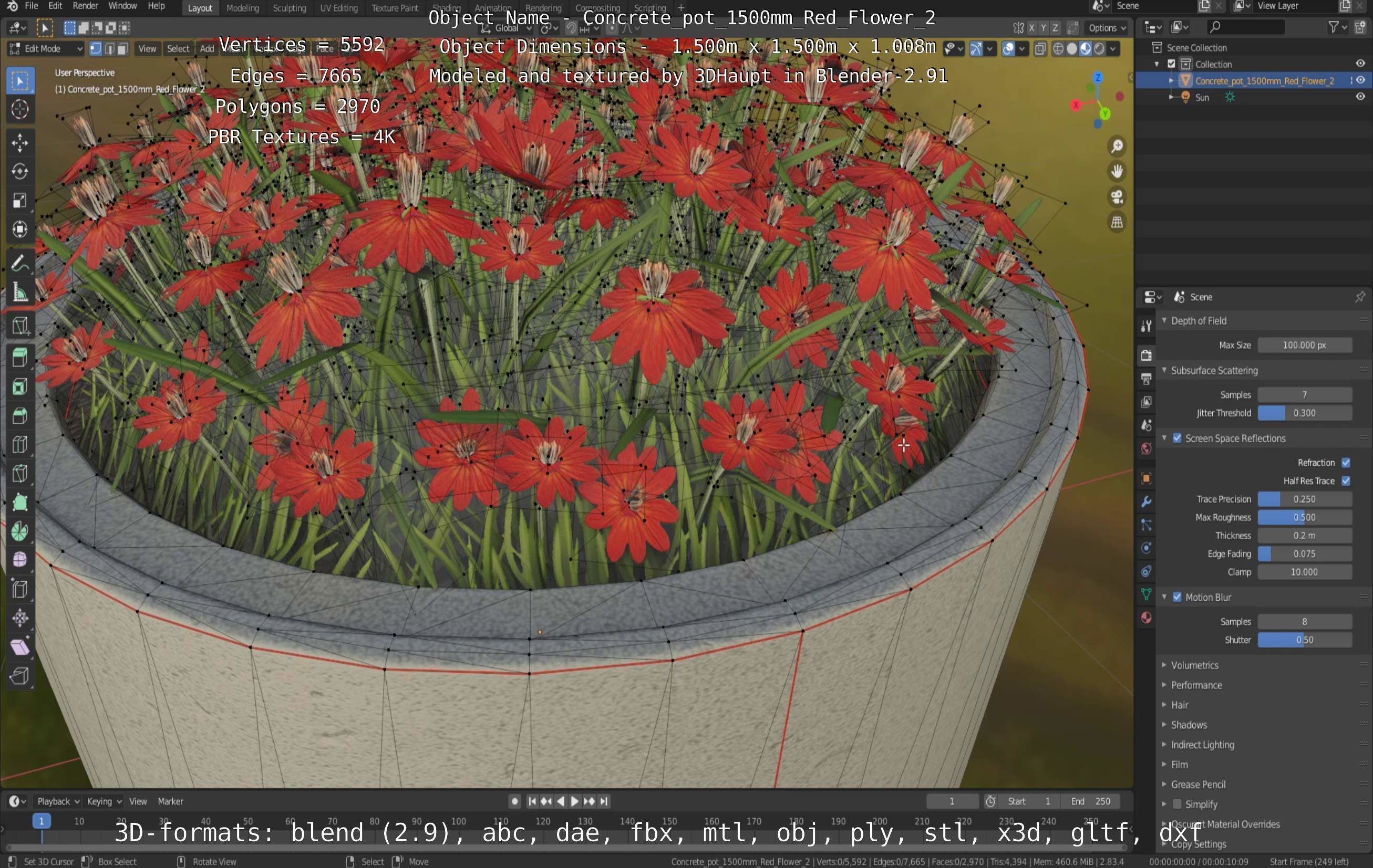Concrete Pot 1500mm with Red Flowers Version 2 Low-poly 3D model_55