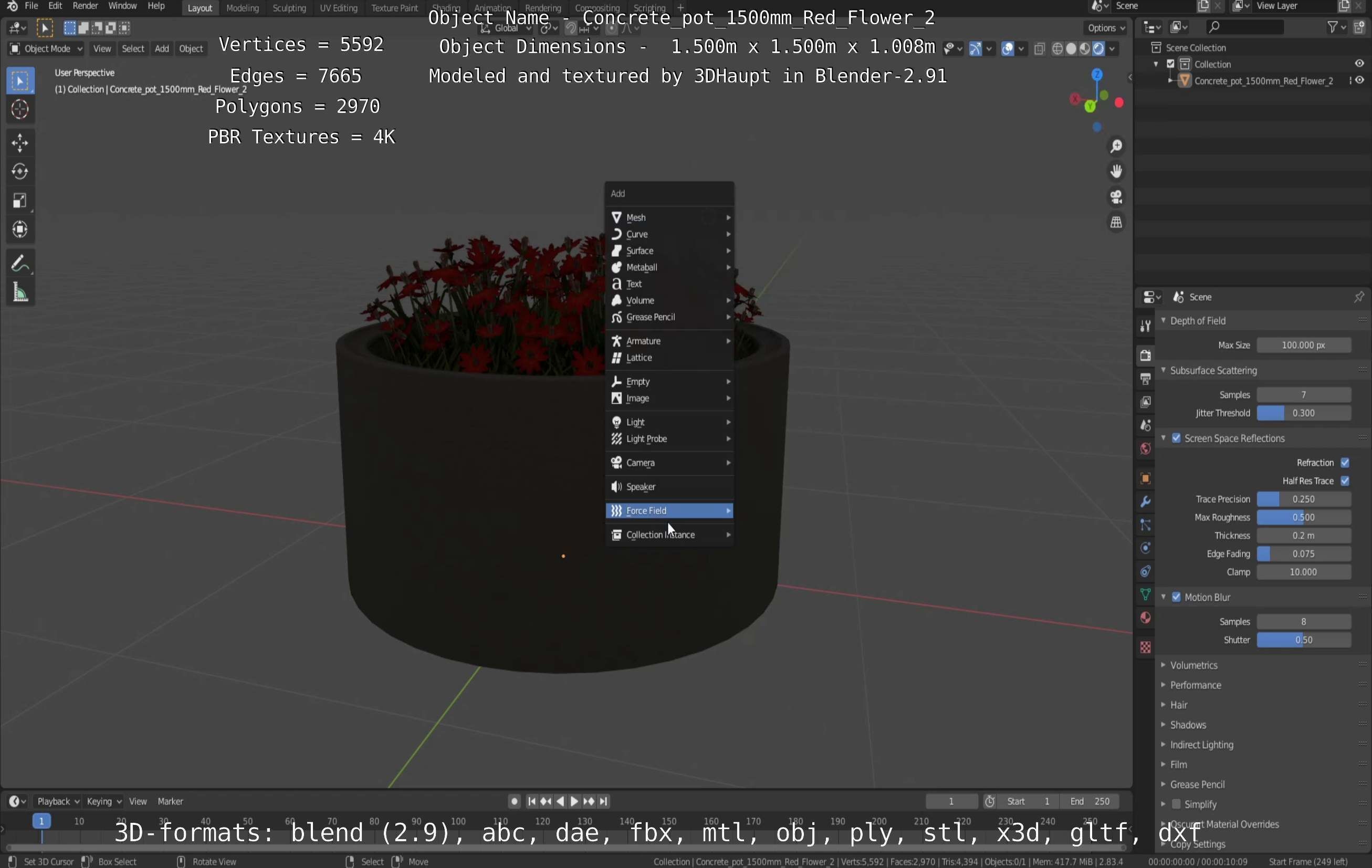 Concrete Pot 1500mm with Red Flowers Version 2 Low-poly 3D model_115