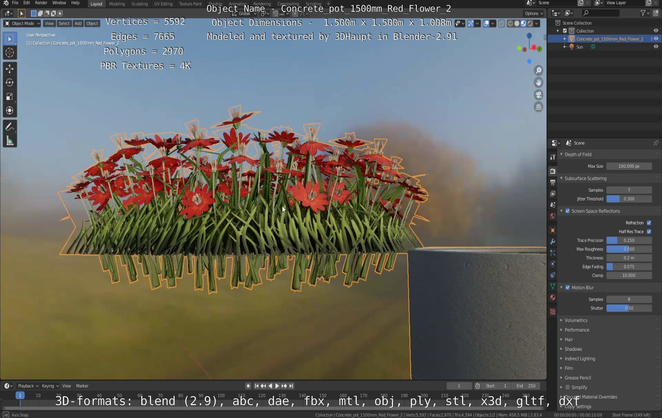 Concrete Pot 1500mm with Red Flowers Version 2 Low-poly 3D model_25