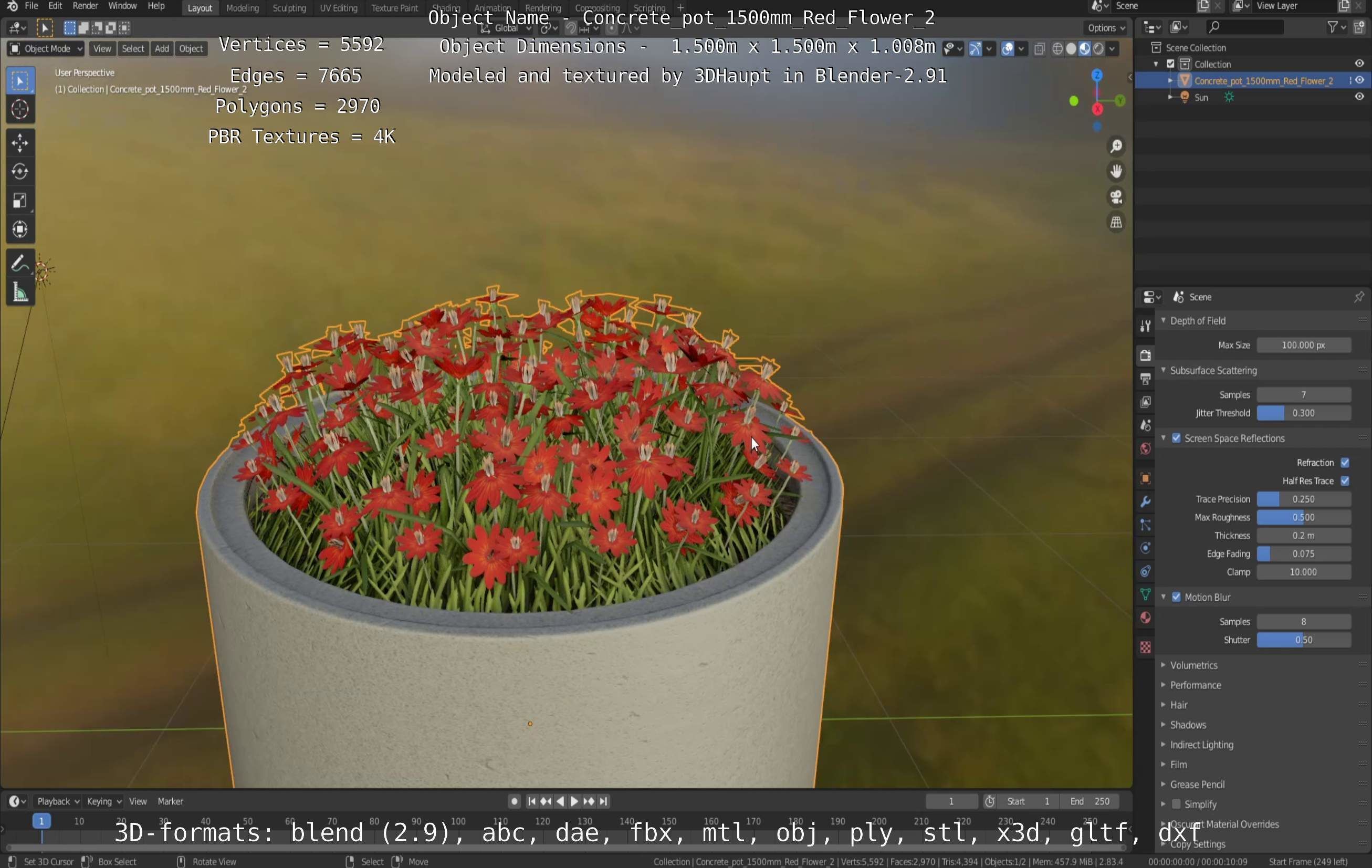 Concrete Pot 1500mm with Red Flowers Version 2 Low-poly 3D model_19