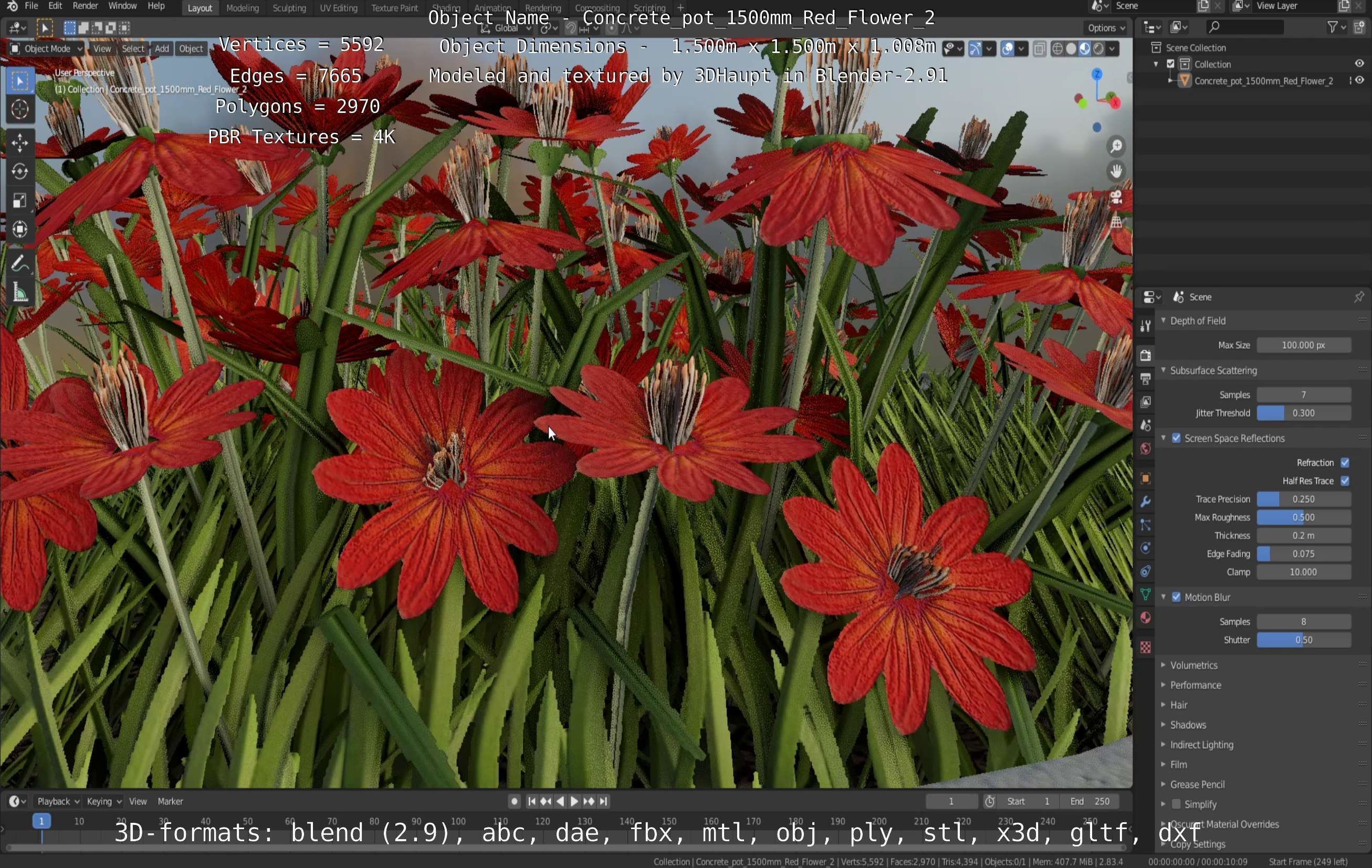 Concrete Pot 1500mm with Red Flowers Version 2 Low-poly 3D model_43
