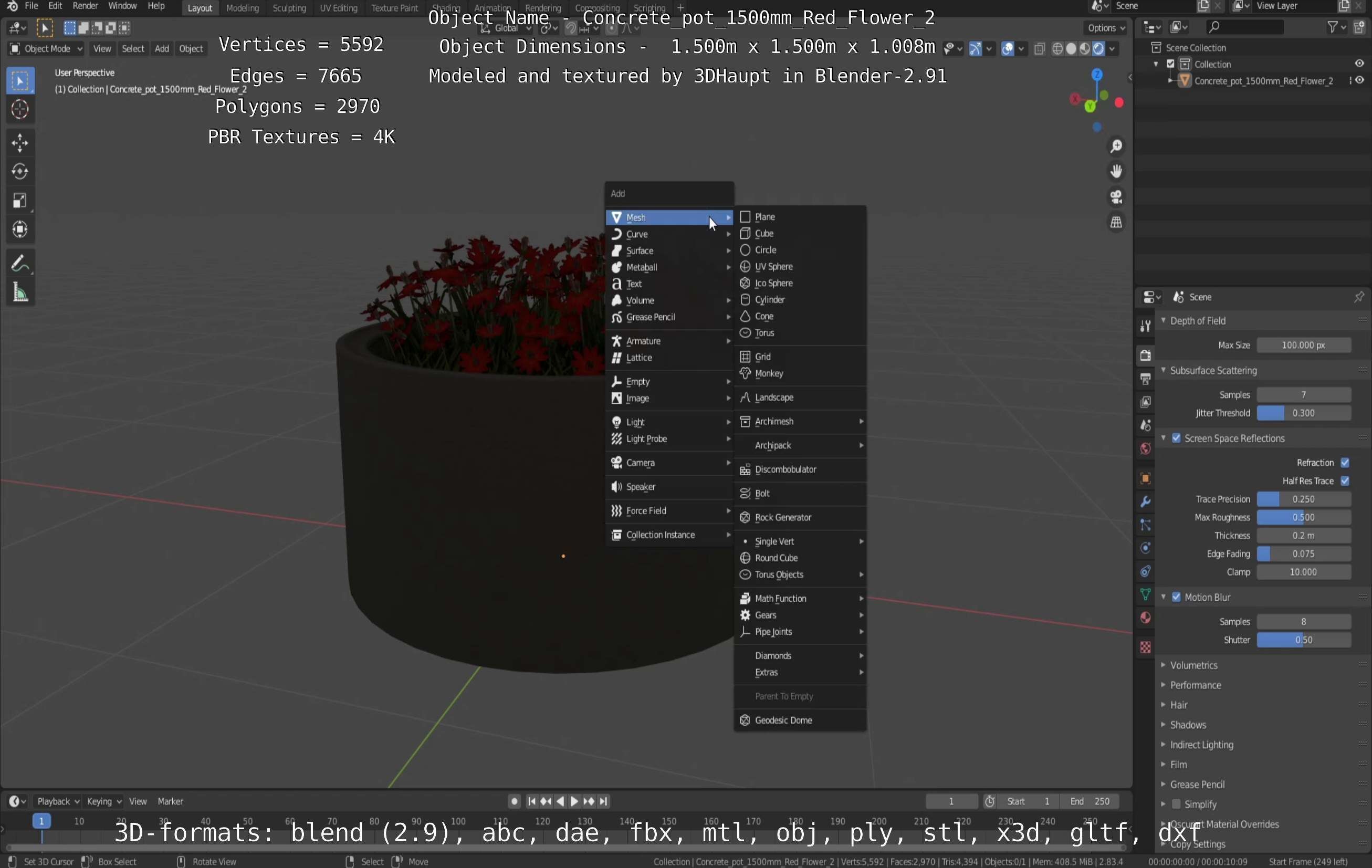 Concrete Pot 1500mm with Red Flowers Version 2 Low-poly 3D model_114
