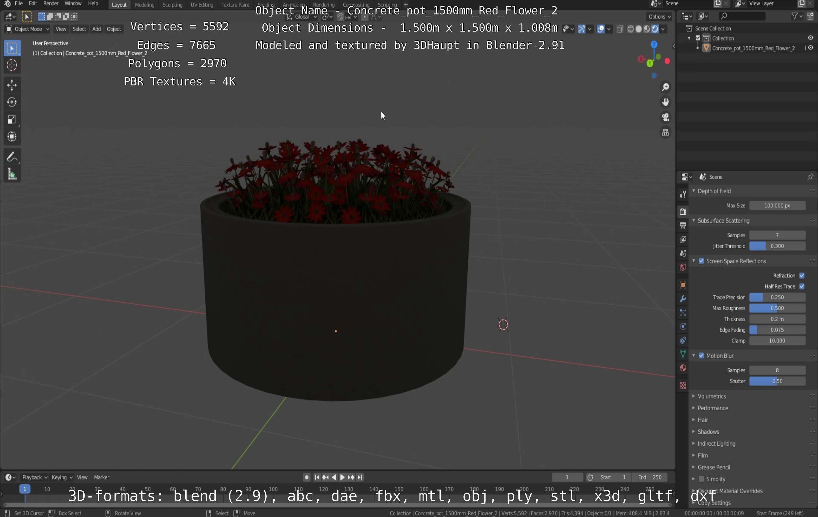 Concrete Pot 1500mm with Red Flowers Version 2 Low-poly 3D model_111