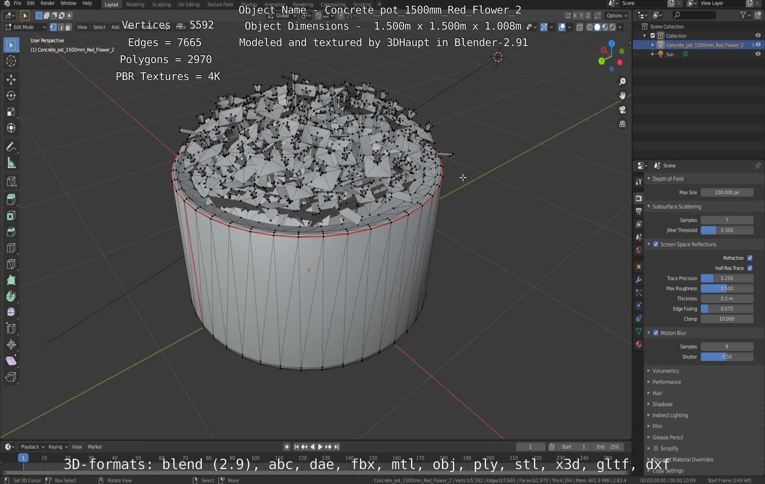 Concrete Pot 1500mm with Red Flowers Version 2 Low-poly 3D model_95