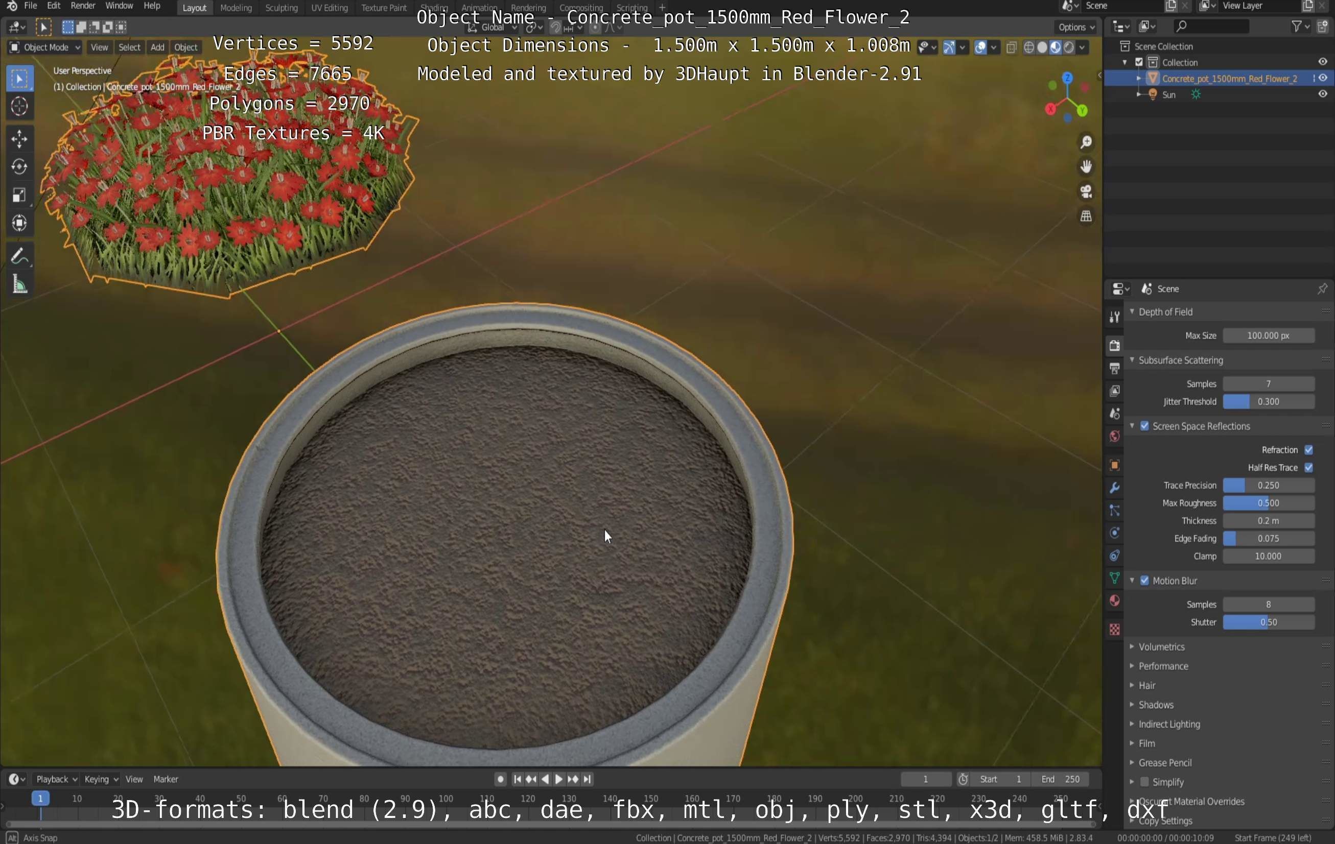 Concrete Pot 1500mm with Red Flowers Version 2 Low-poly 3D model_29