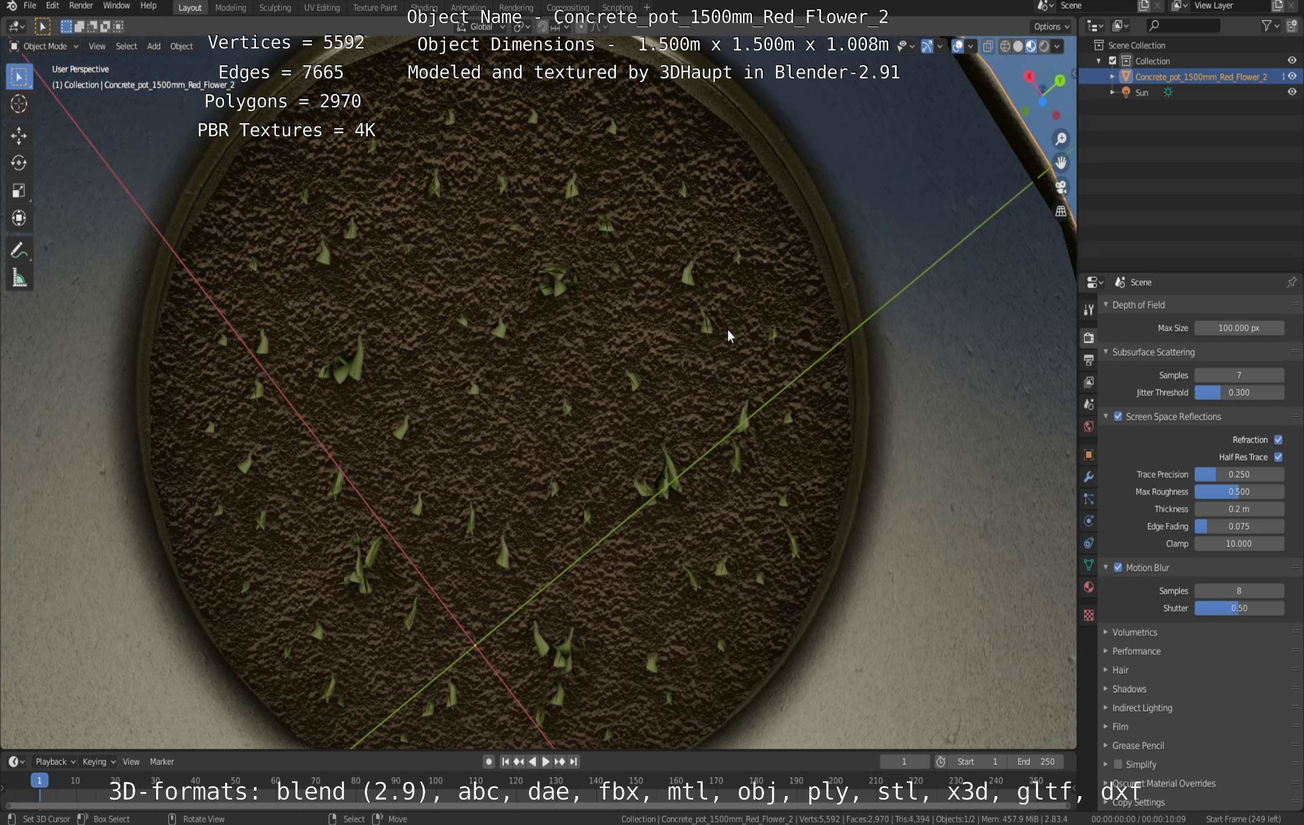 Concrete Pot 1500mm with Red Flowers Version 2 Low-poly 3D model_69