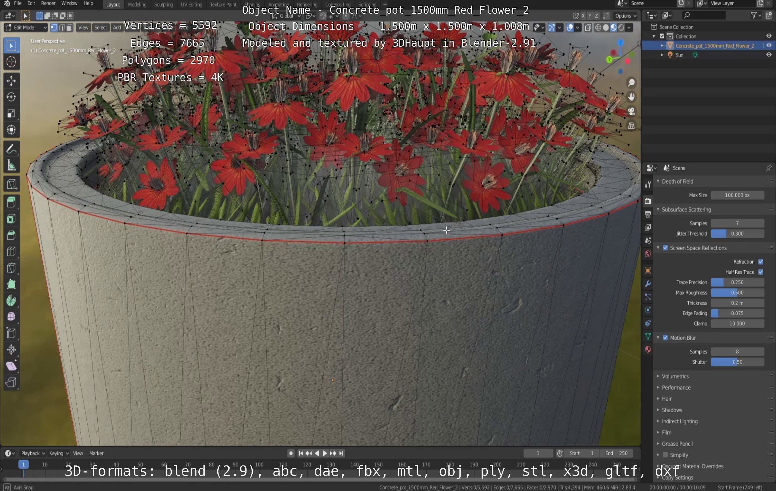 Concrete Pot 1500mm with Red Flowers Version 2 Low-poly 3D model_53
