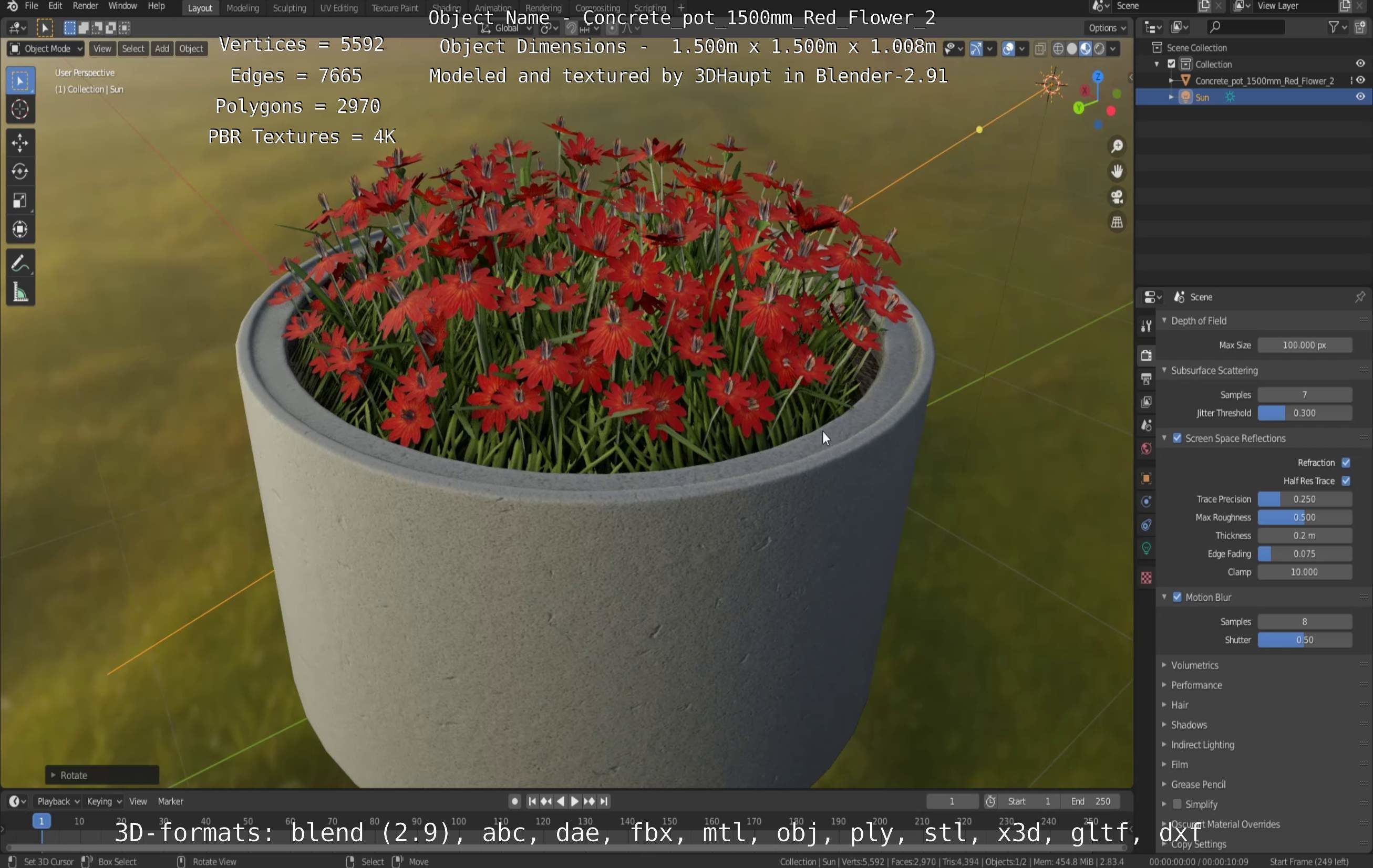 Concrete Pot 1500mm with Red Flowers Version 2 Low-poly 3D model_119