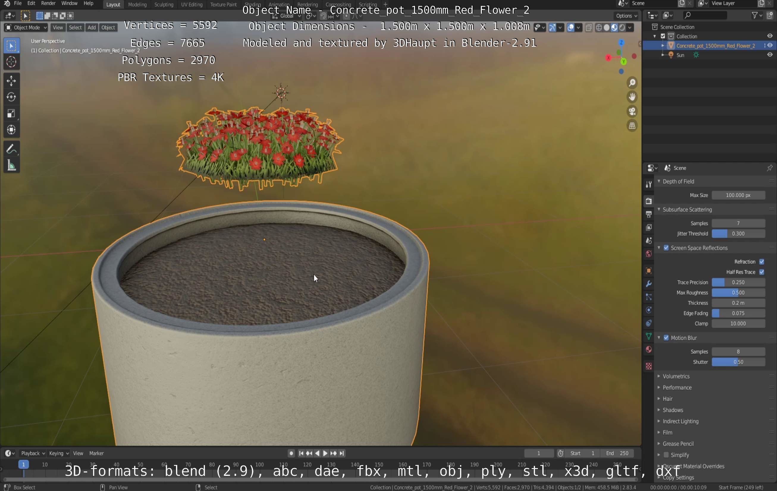 Concrete Pot 1500mm with Red Flowers Version 2 Low-poly 3D model_86