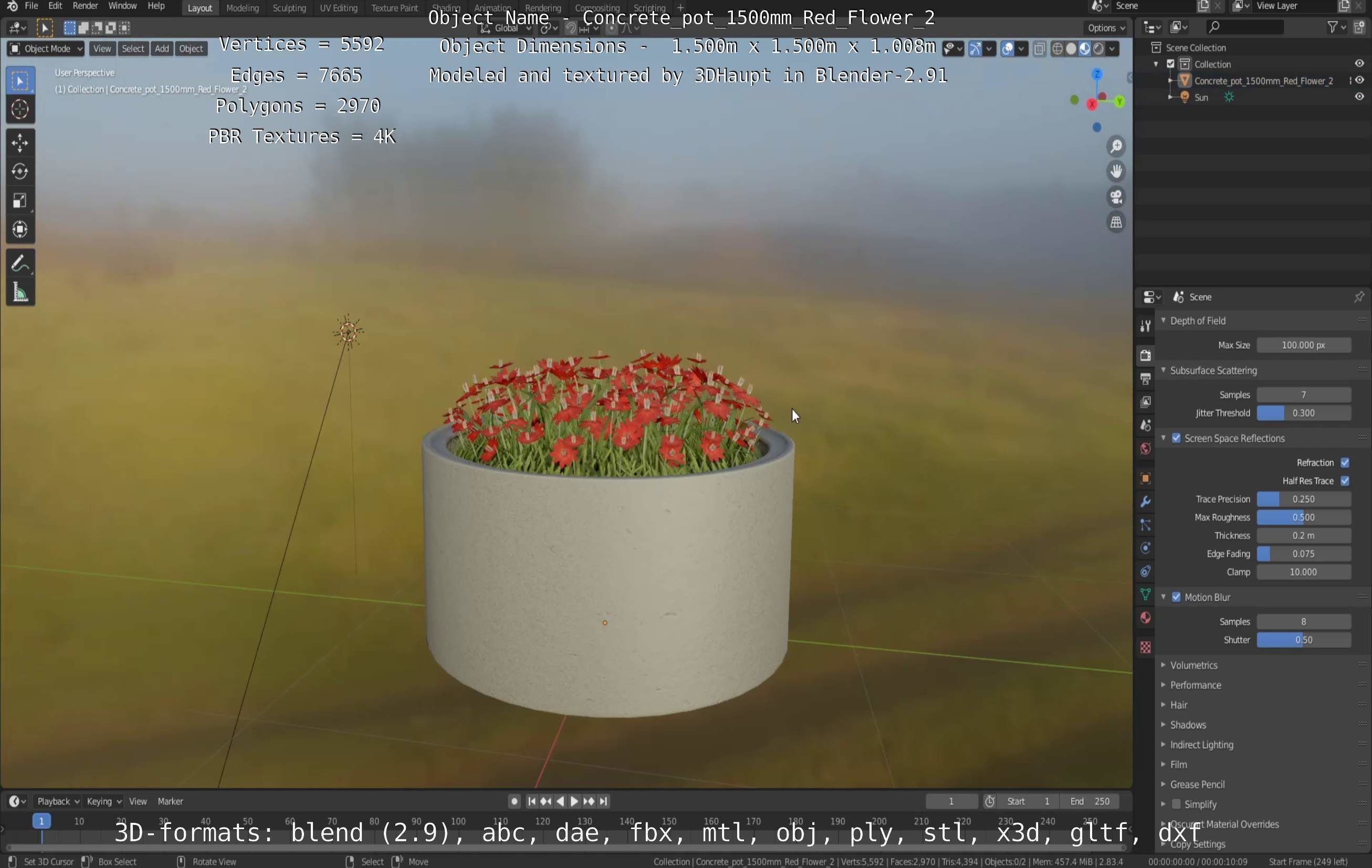 Concrete Pot 1500mm with Red Flowers Version 2 Low-poly 3D model_4