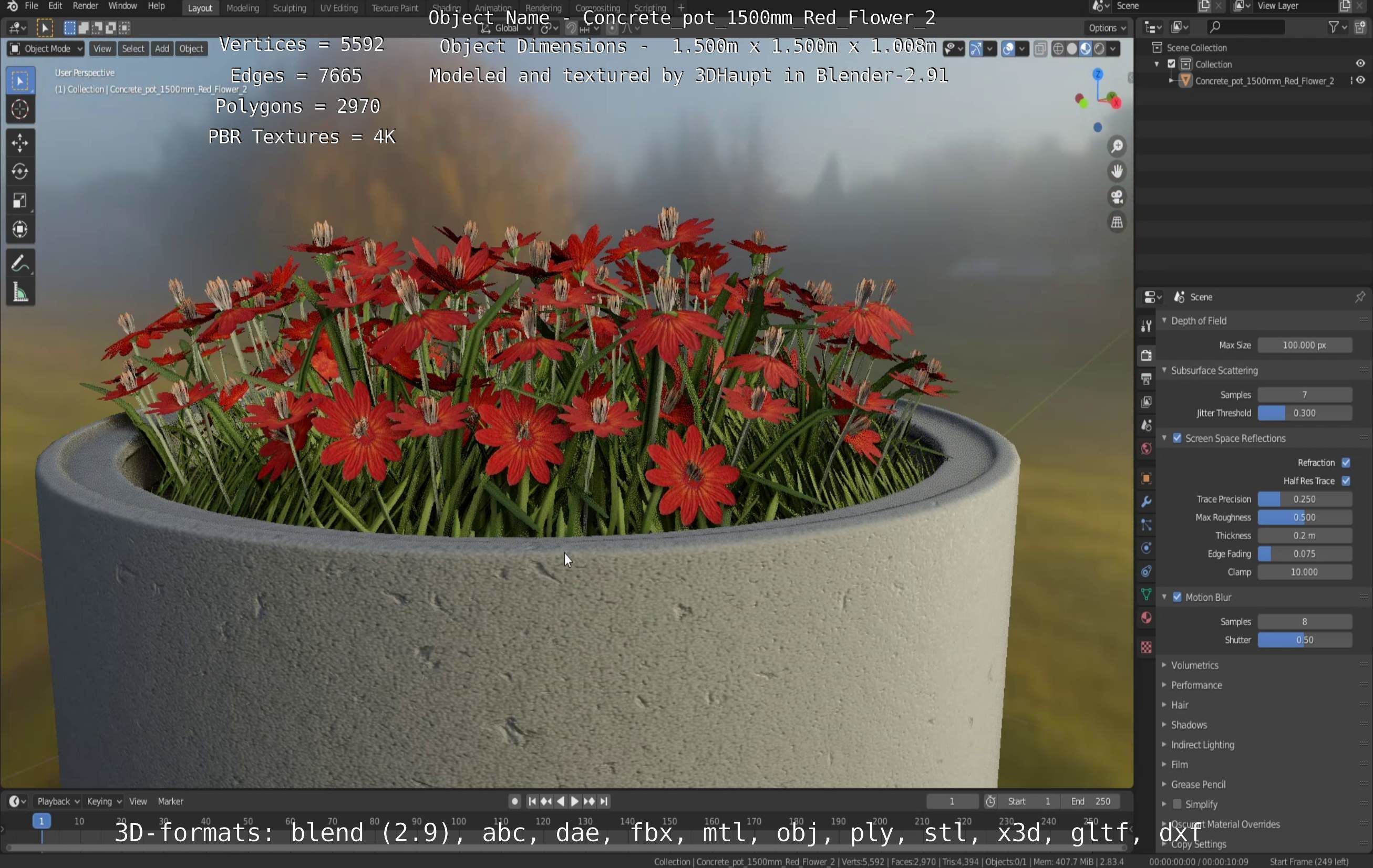 Concrete Pot 1500mm with Red Flowers Version 2 Low-poly 3D model_45