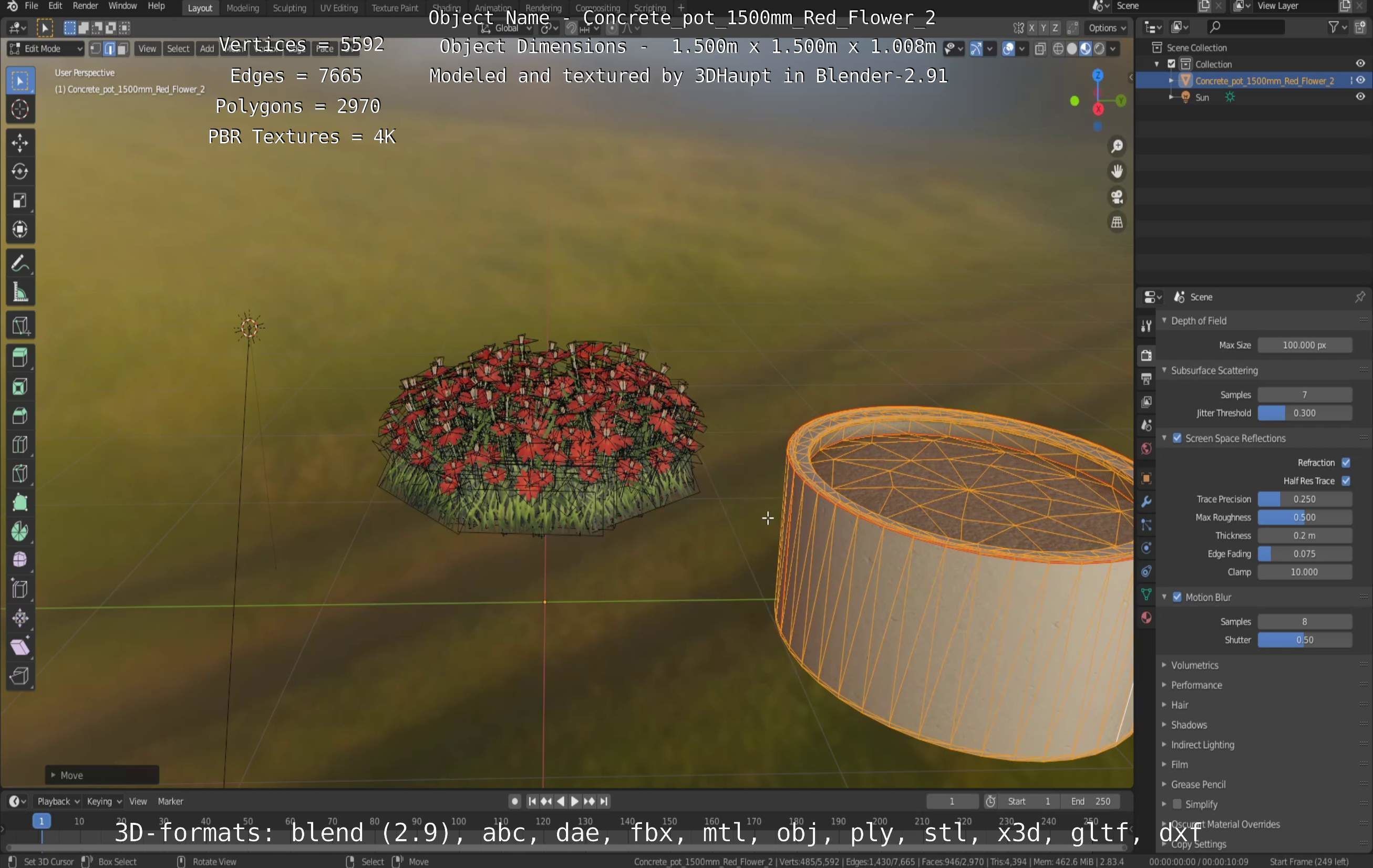 Concrete Pot 1500mm with Red Flowers Version 2 Low-poly 3D model_78