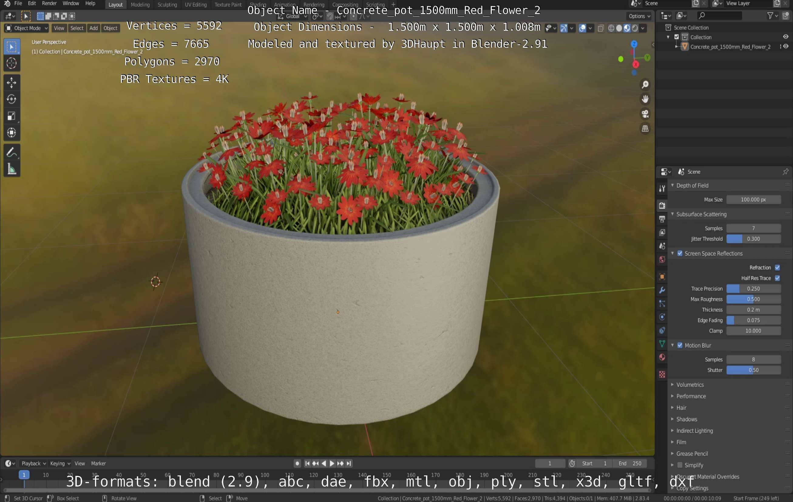 Concrete Pot 1500mm with Red Flowers Version 2 Low-poly 3D model_91