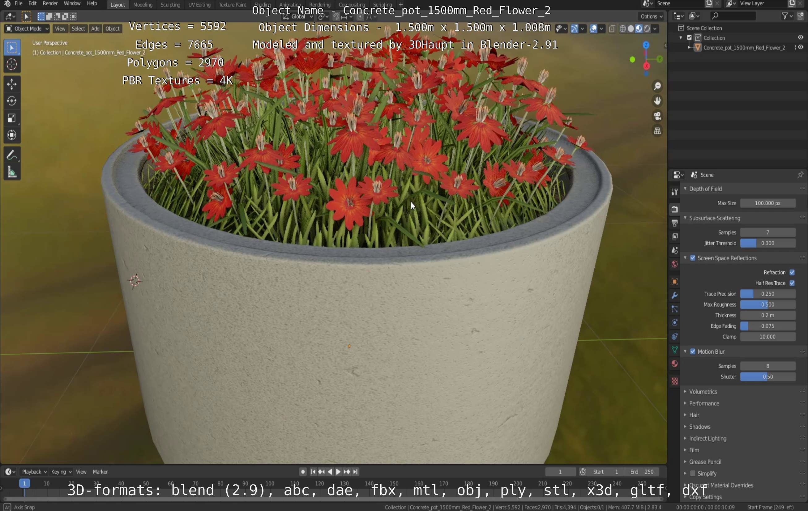 Concrete Pot 1500mm with Red Flowers Version 2 Low-poly 3D model_34