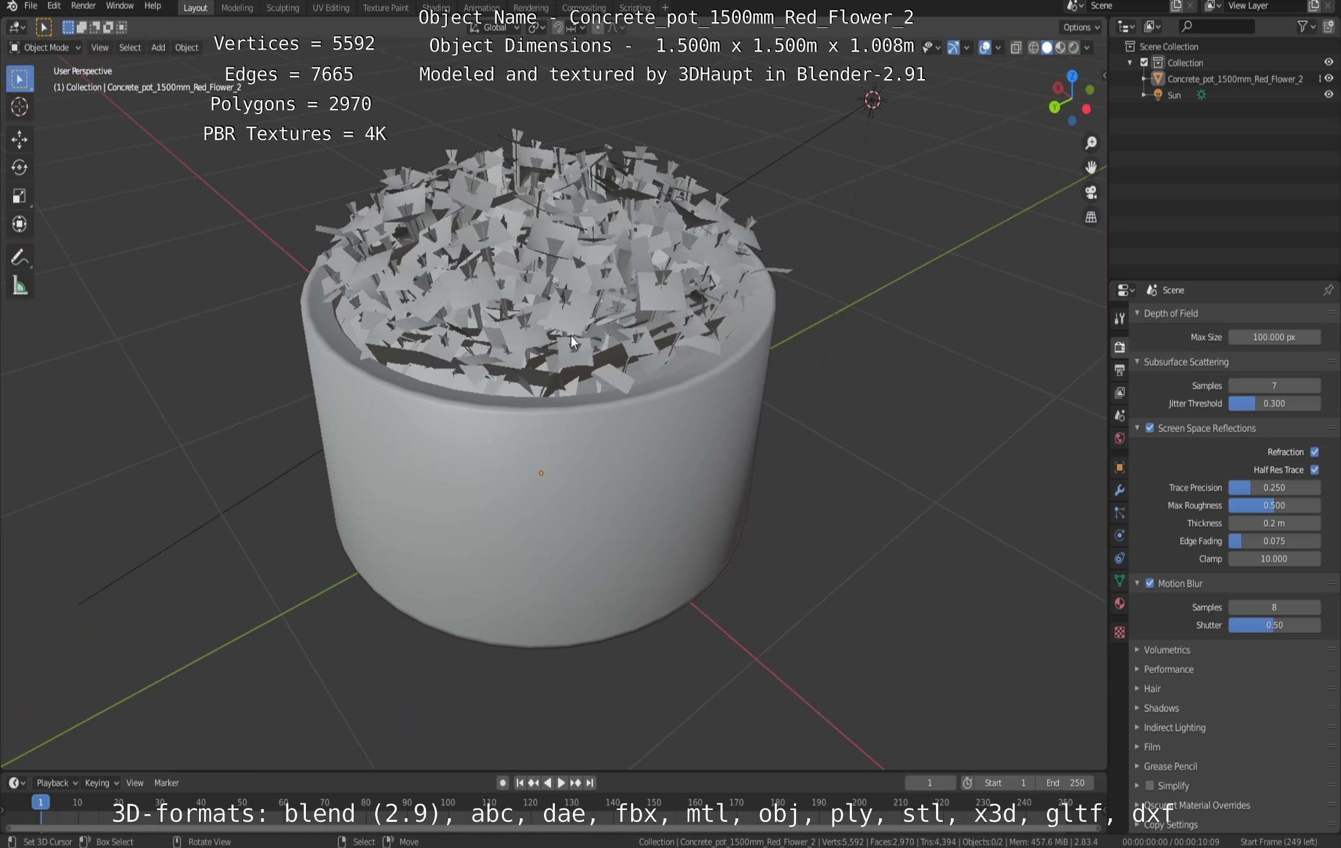 Concrete Pot 1500mm with Red Flowers Version 2 Low-poly 3D model_7