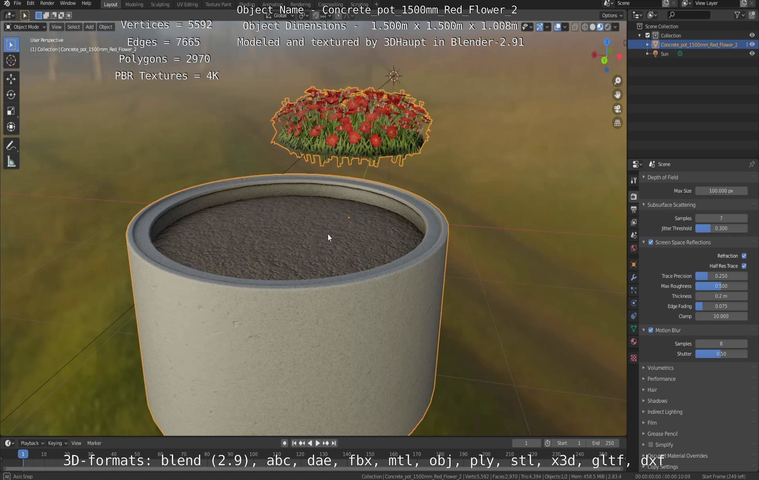 Concrete Pot 1500mm with Red Flowers Version 2 Low-poly 3D model_89