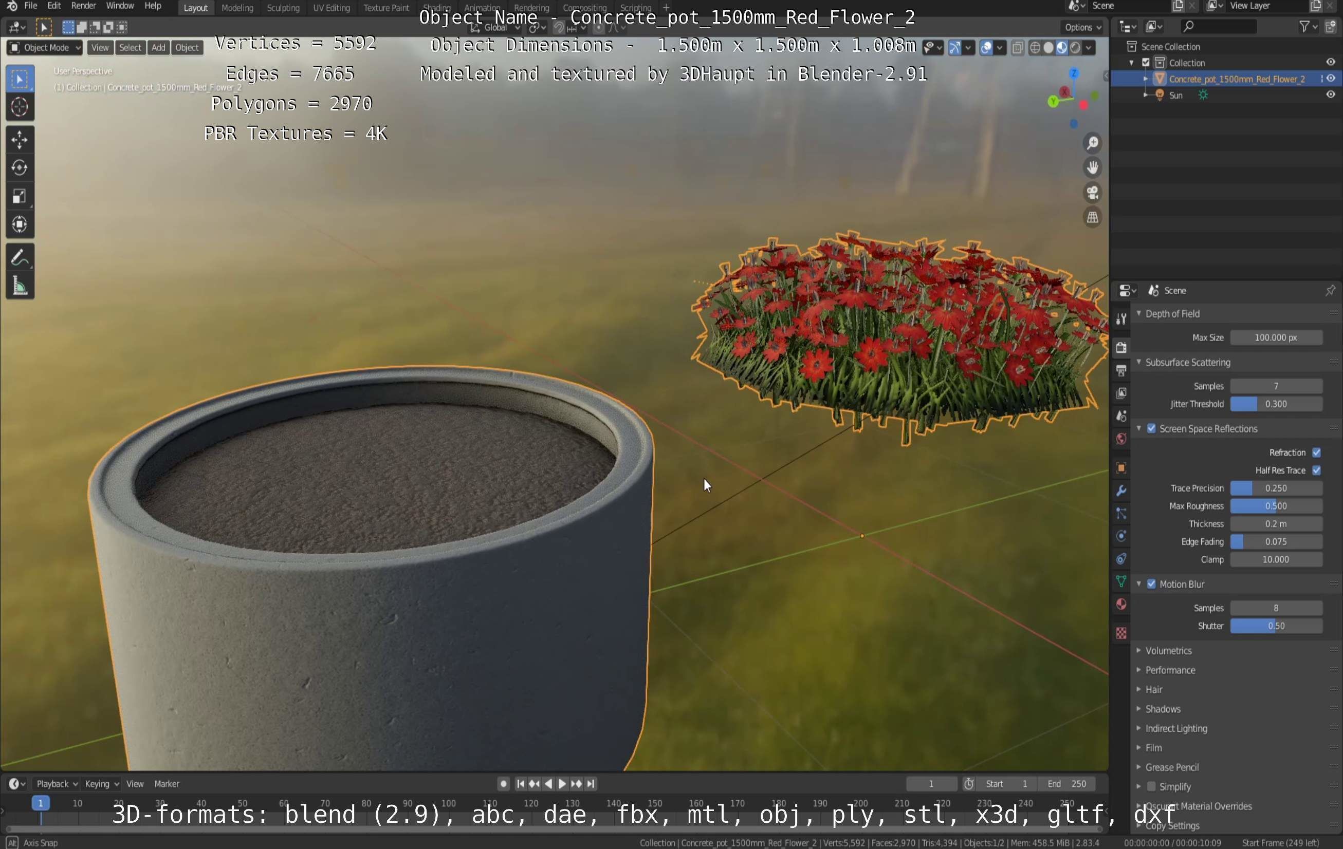 Concrete Pot 1500mm with Red Flowers Version 2 Low-poly 3D model_80
