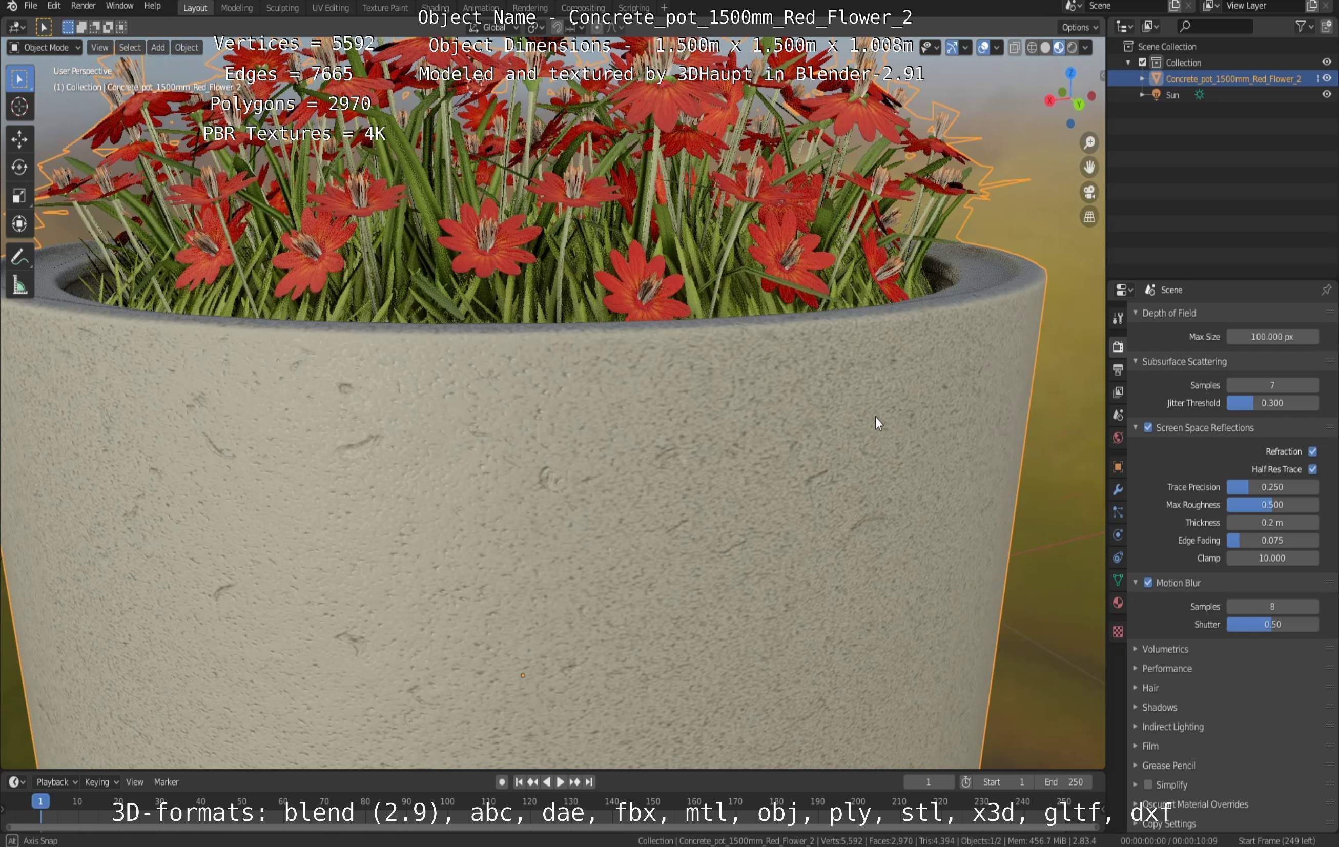 Concrete Pot 1500mm with Red Flowers Version 2 Low-poly 3D model_58