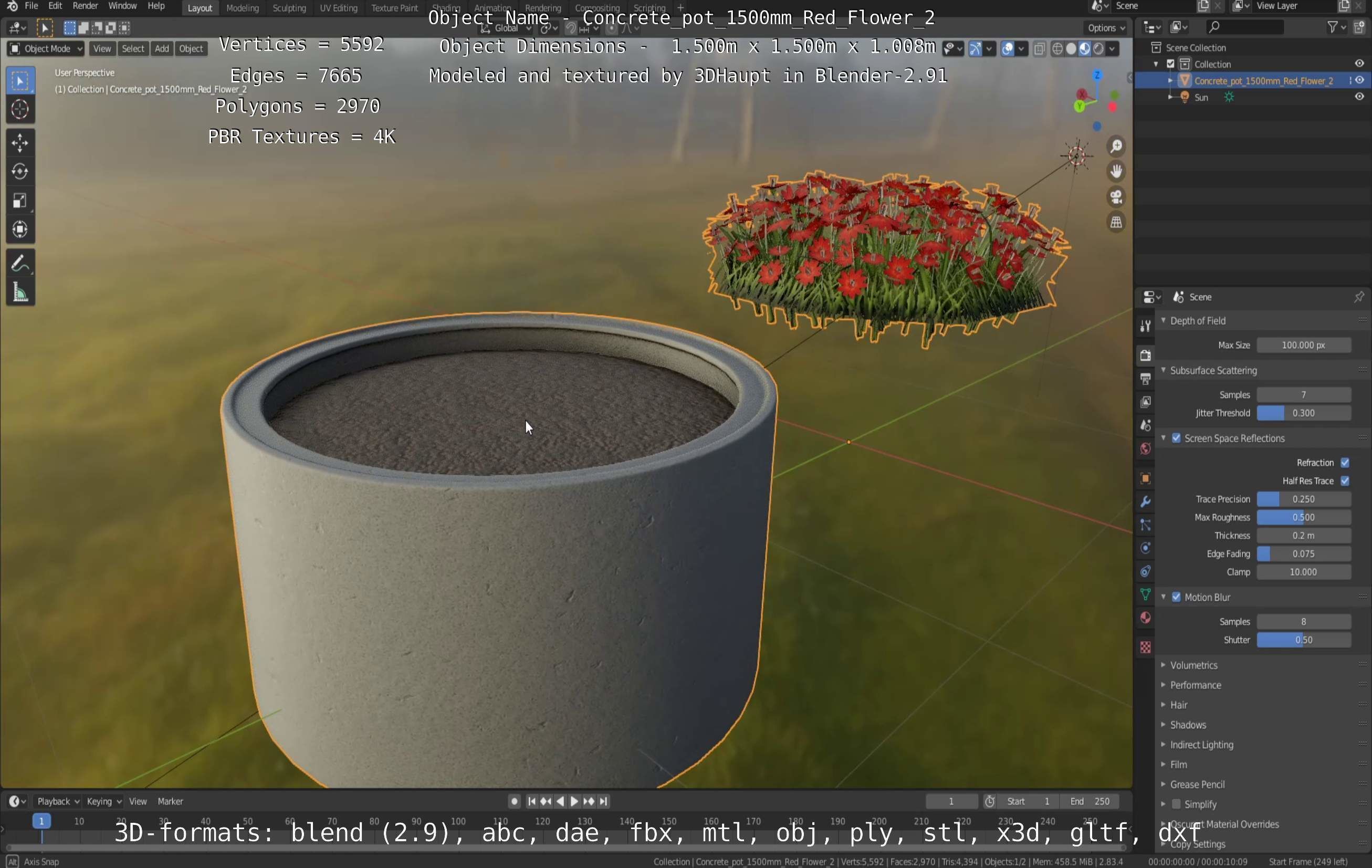 Concrete Pot 1500mm with Red Flowers Version 2 Low-poly 3D model_90