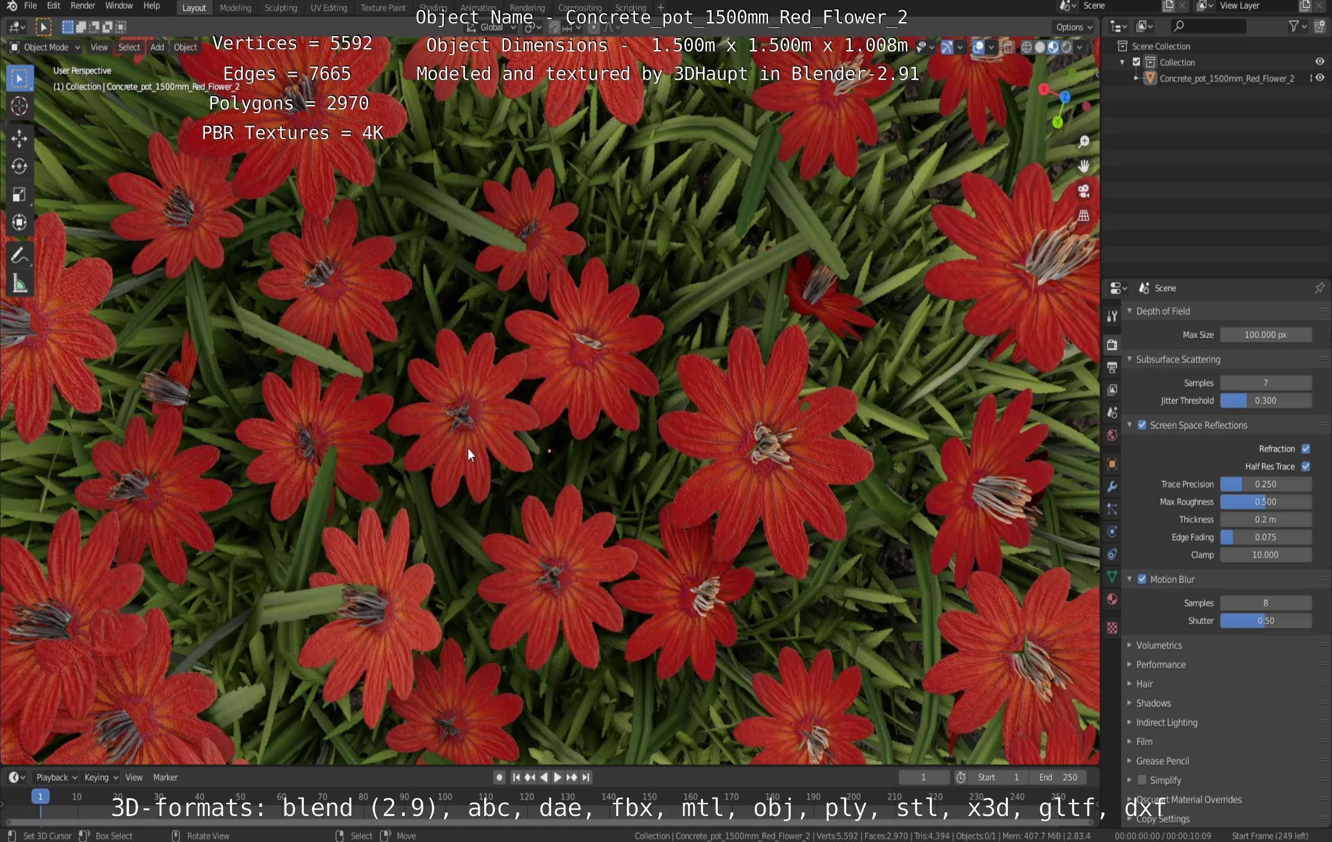 Concrete Pot 1500mm with Red Flowers Version 2 Low-poly 3D model_38