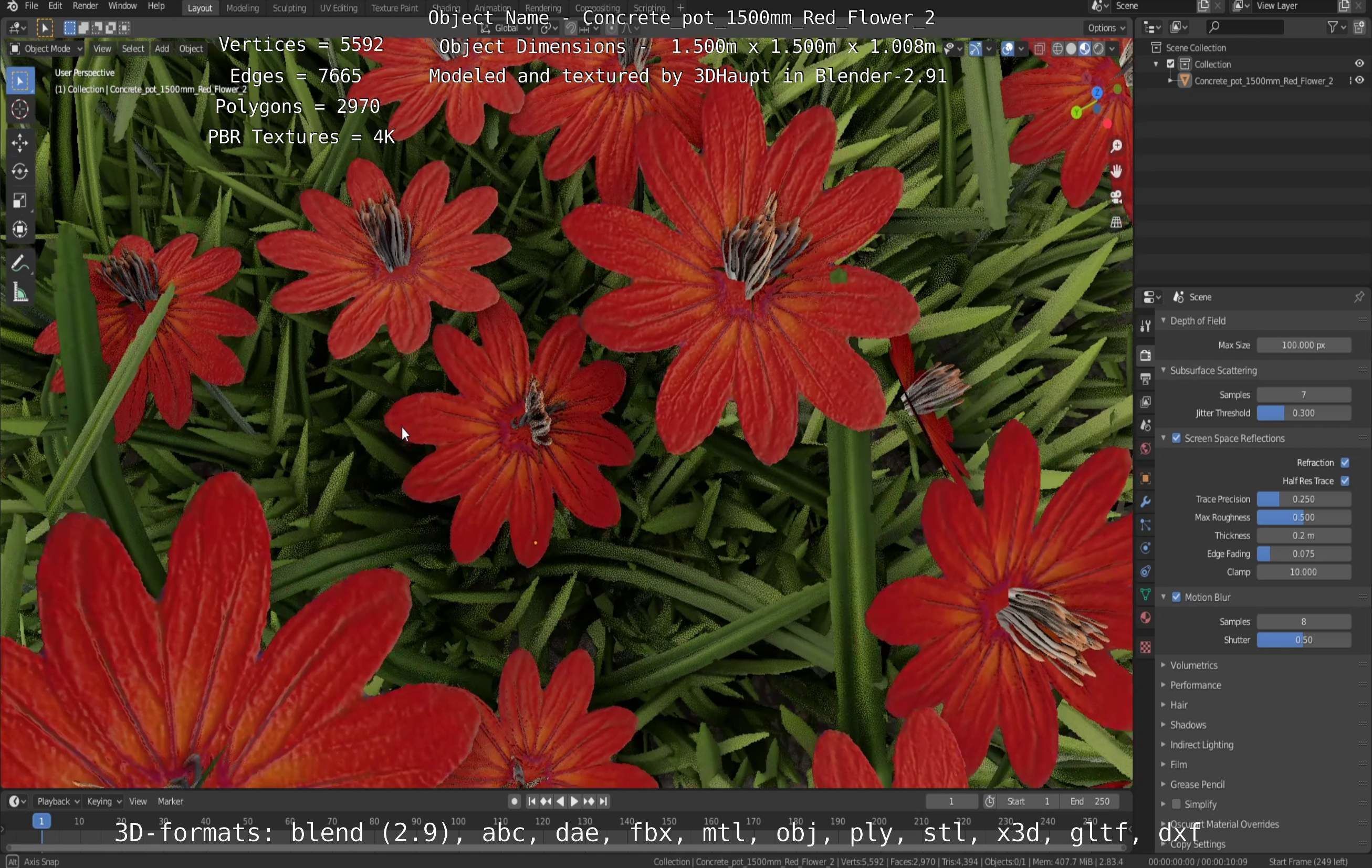 Concrete Pot 1500mm with Red Flowers Version 2 Low-poly 3D model_39