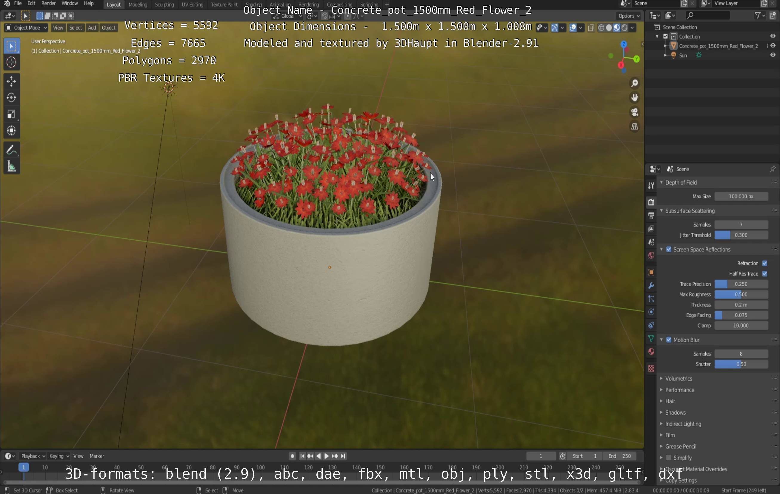 Concrete Pot 1500mm with Red Flowers Version 2 Low-poly 3D model_134