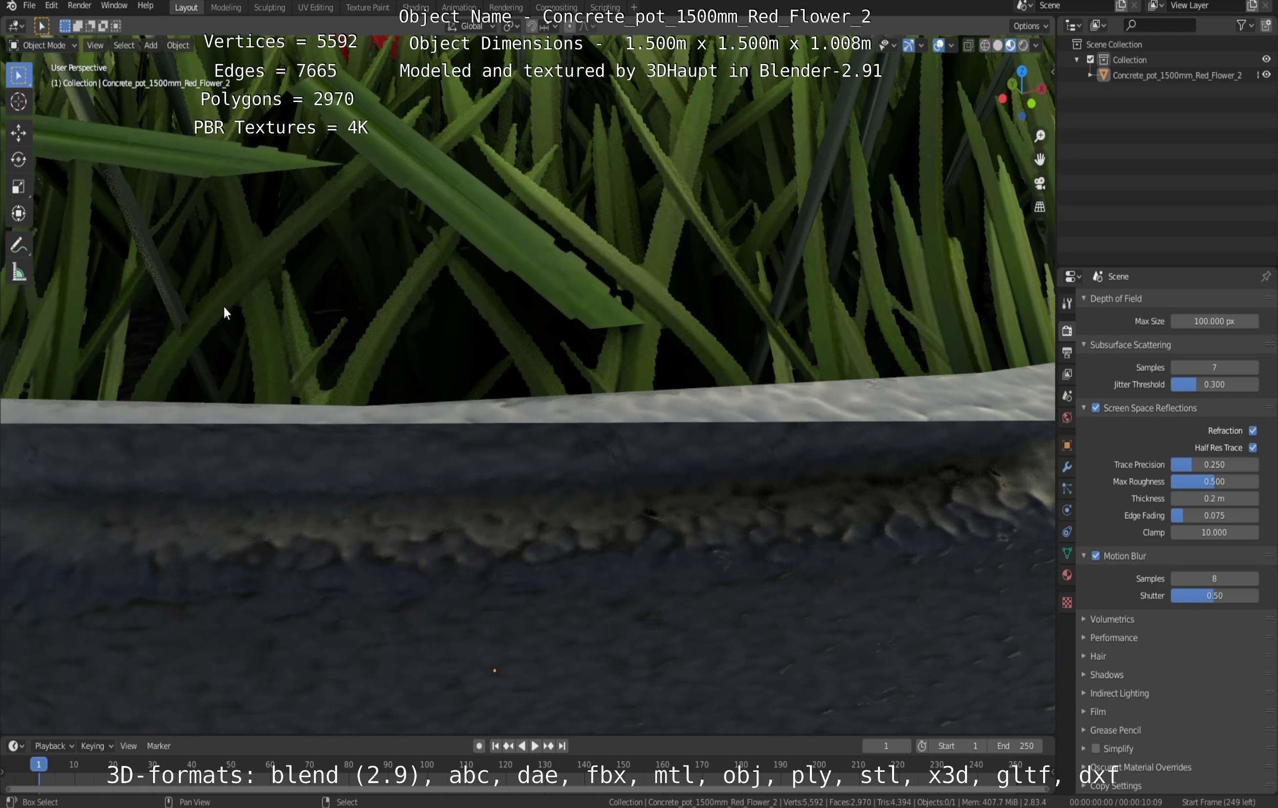 Concrete Pot 1500mm with Red Flowers Version 2 Low-poly 3D model_99