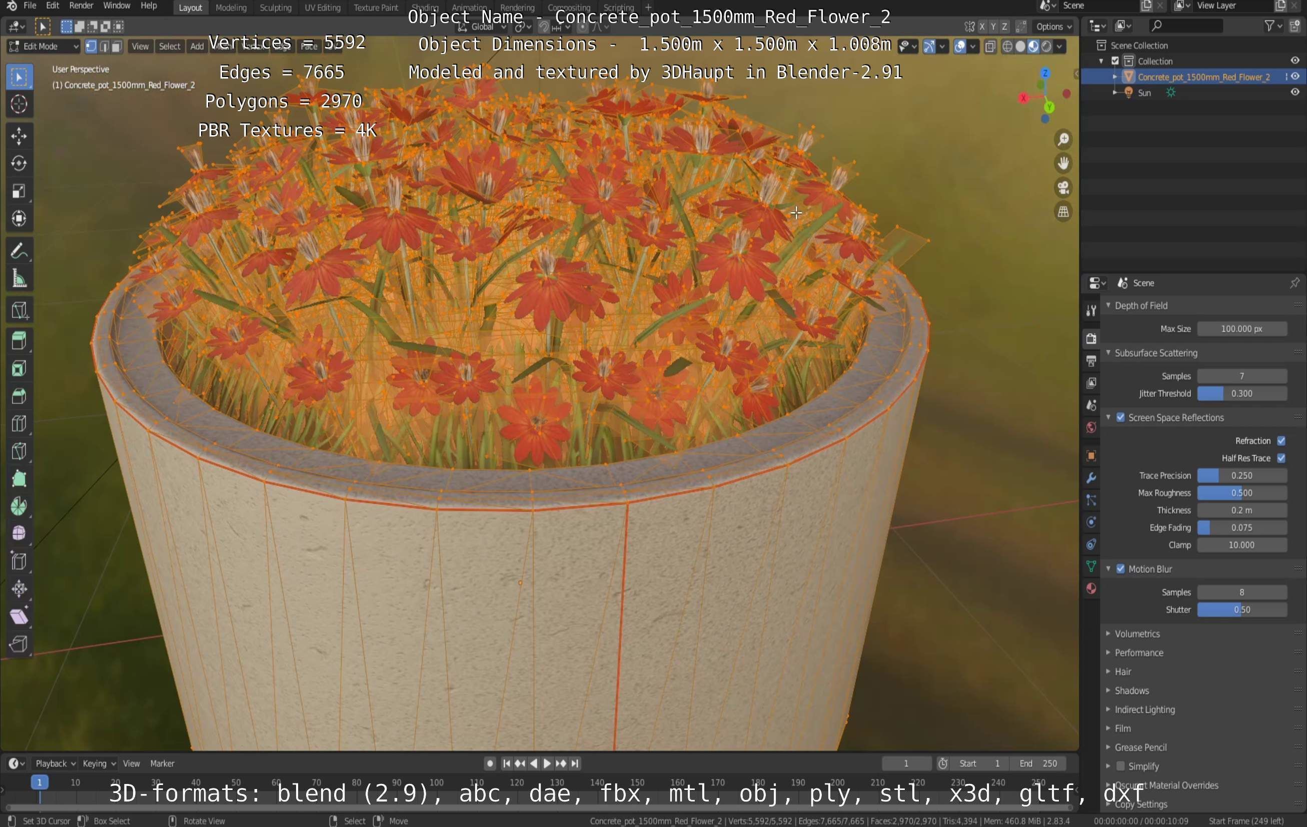 Concrete Pot 1500mm with Red Flowers Version 2 Low-poly 3D model_126