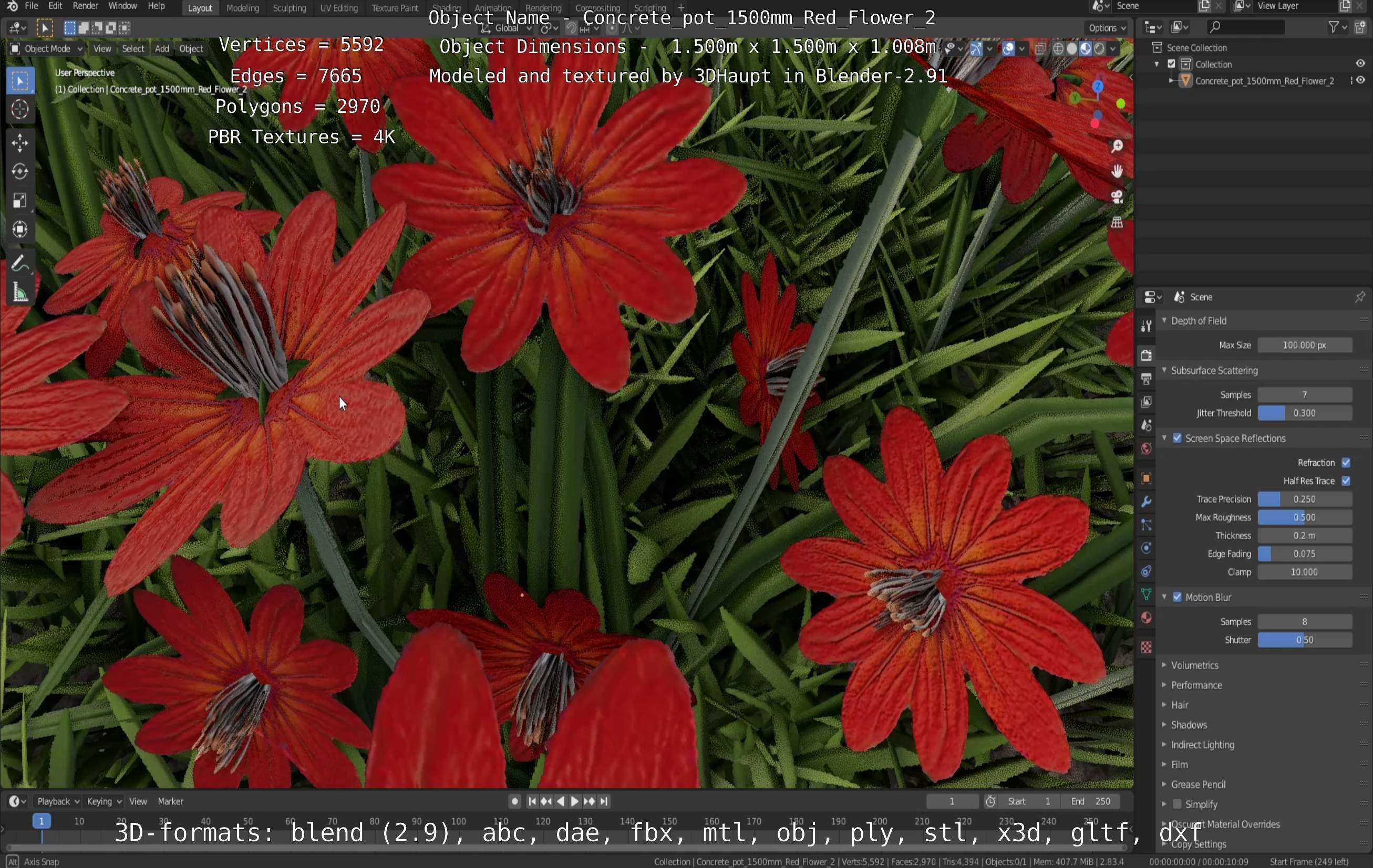 Concrete Pot 1500mm with Red Flowers Version 2 Low-poly 3D model_97