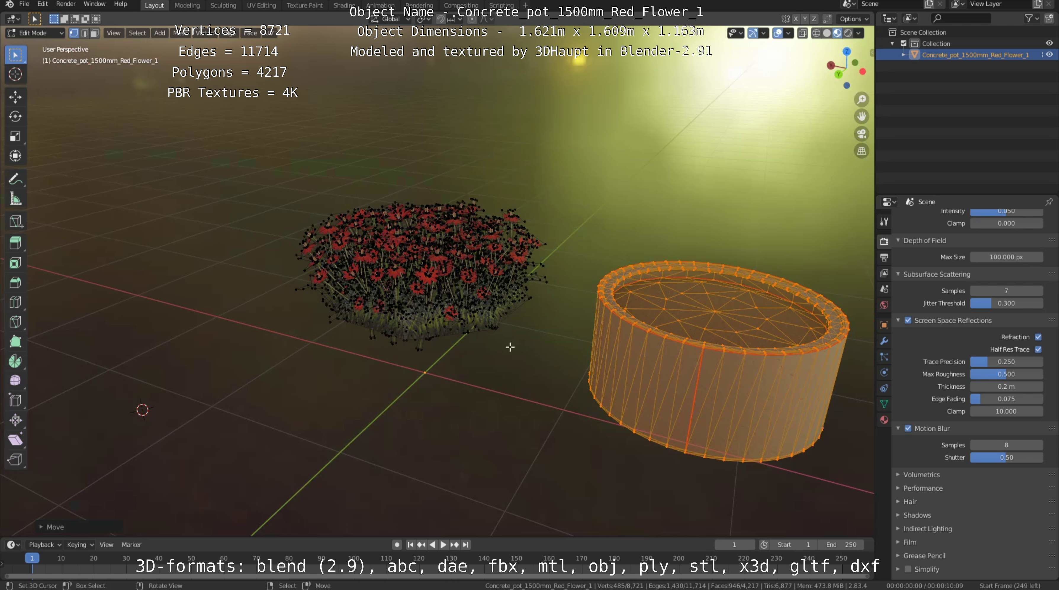 Concrete Pot 1500mm with Red Flowers Version 1 Low-poly 3D model_78