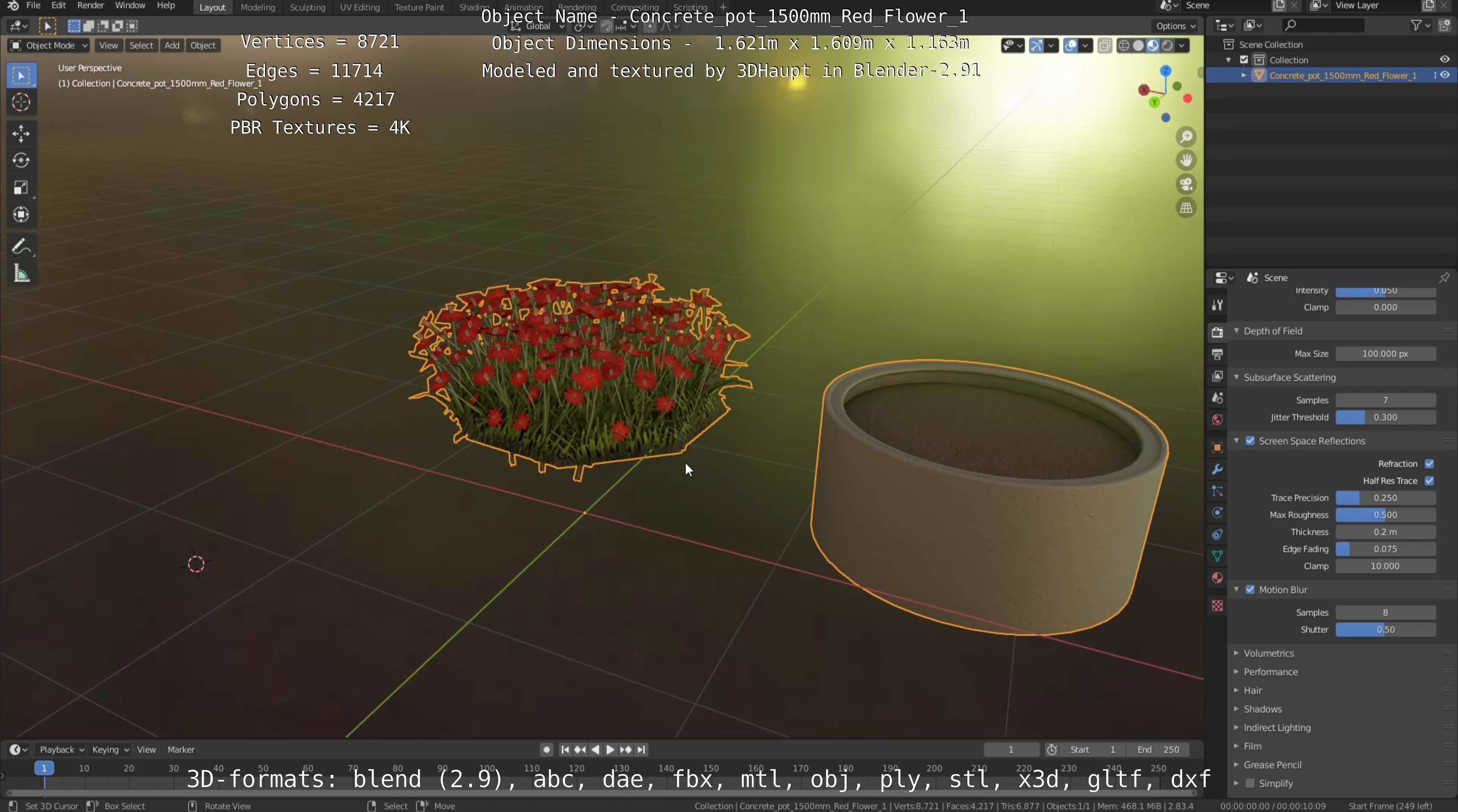 Concrete Pot 1500mm with Red Flowers Version 1 Low-poly 3D model_77