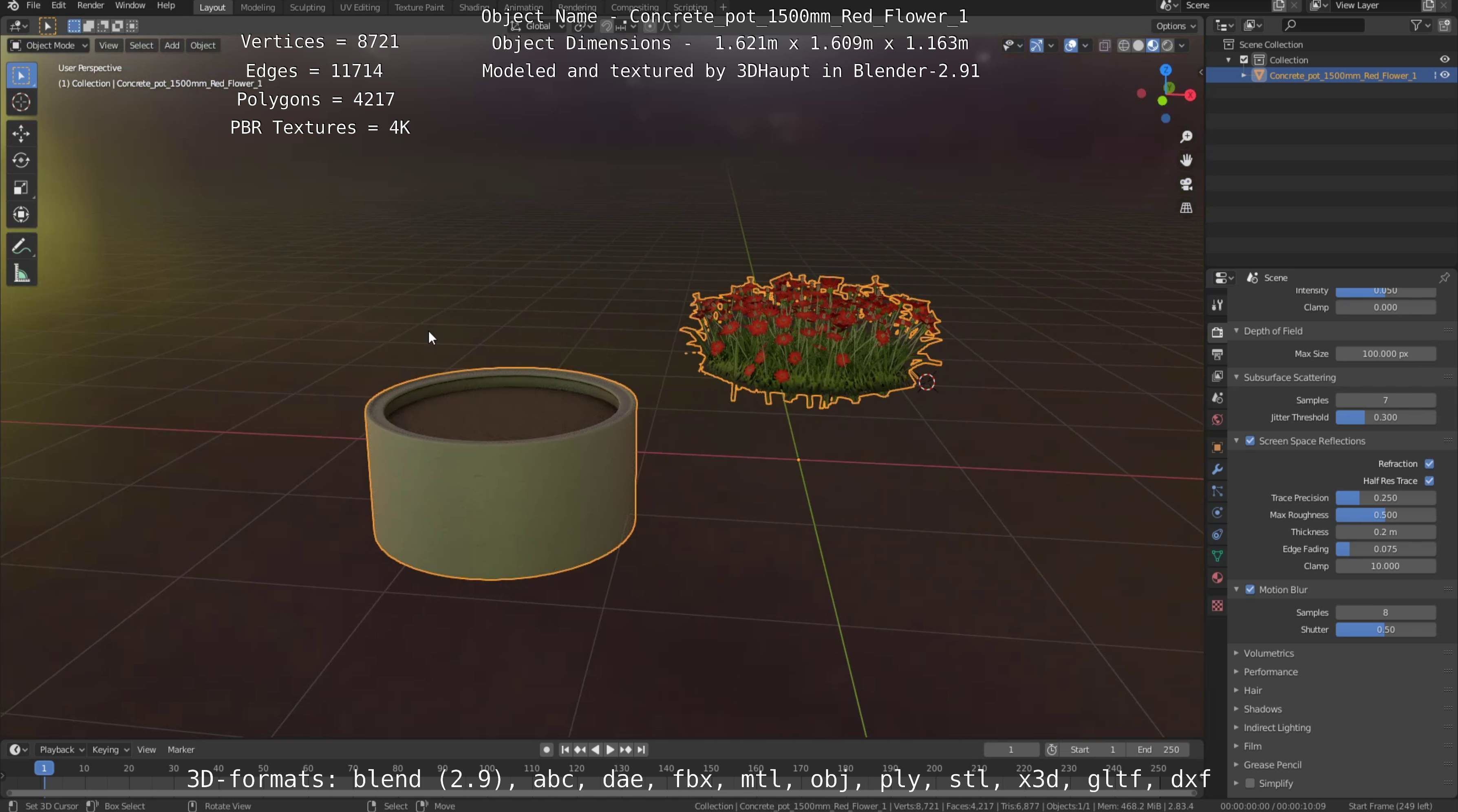Concrete Pot 1500mm with Red Flowers Version 1 Low-poly 3D model_19