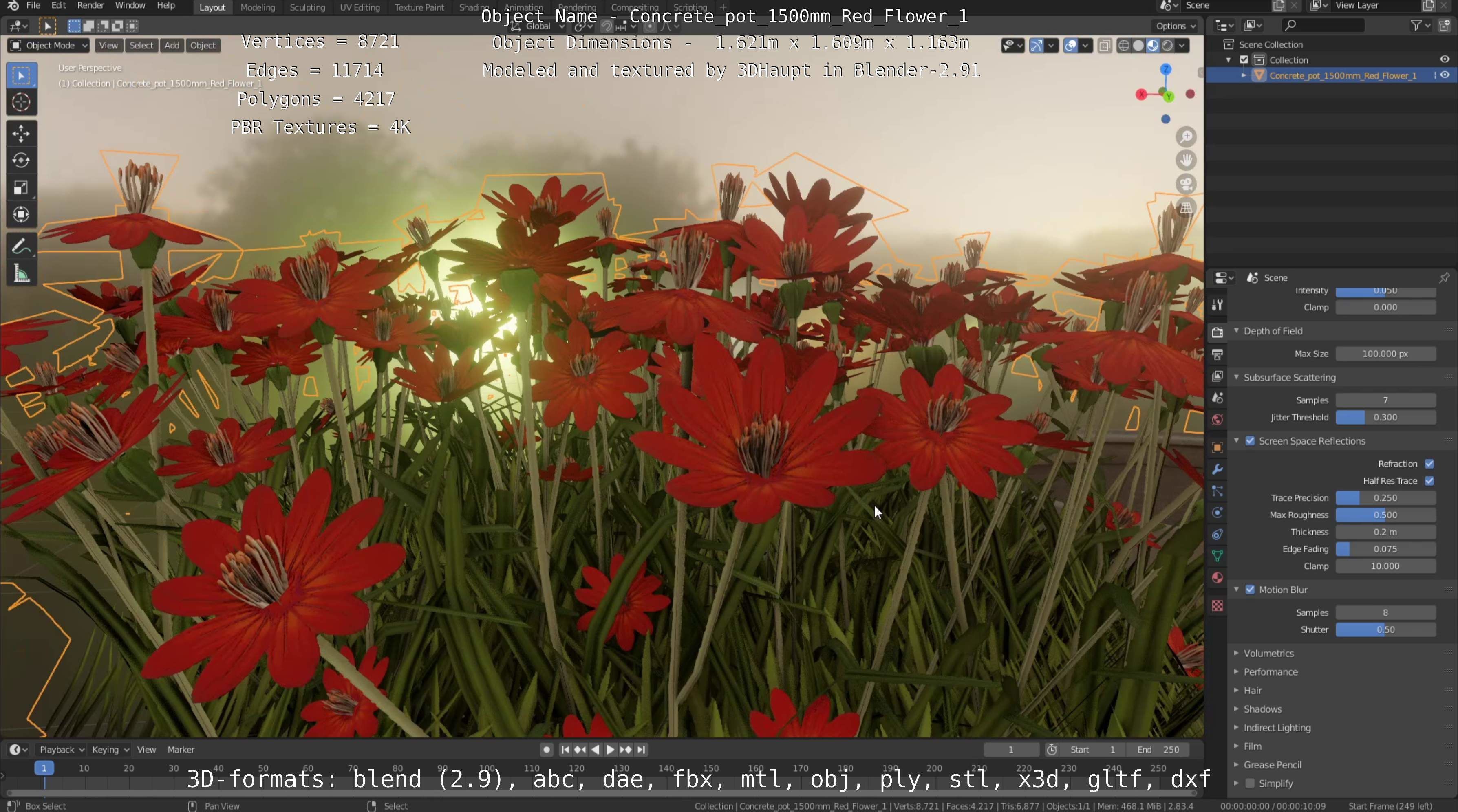 Concrete Pot 1500mm with Red Flowers Version 1 Low-poly 3D model_12