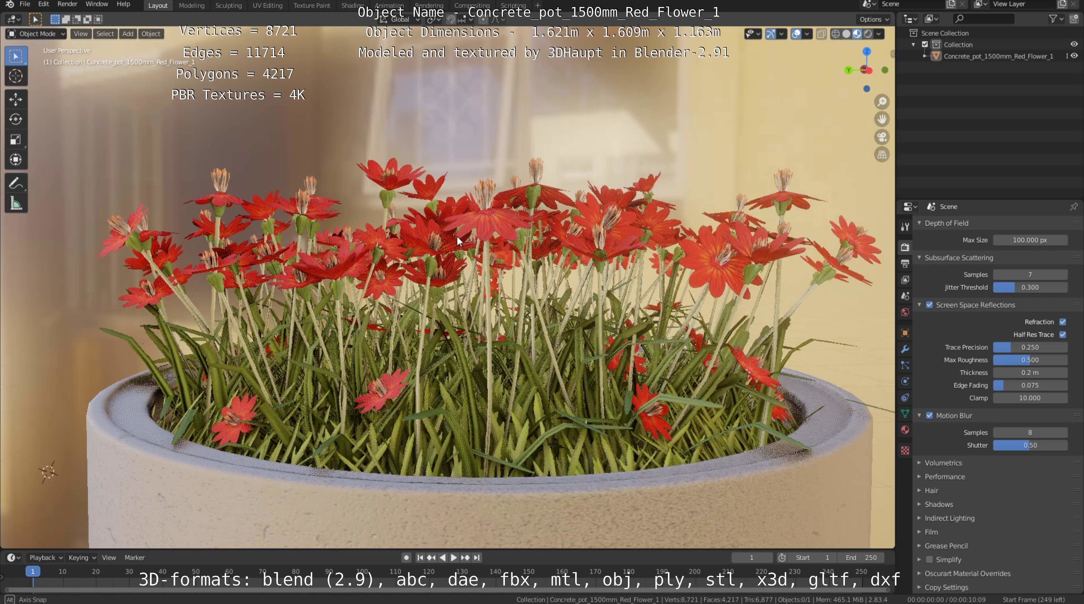 Concrete Pot 1500mm with Red Flowers Version 1 Low-poly 3D model_46