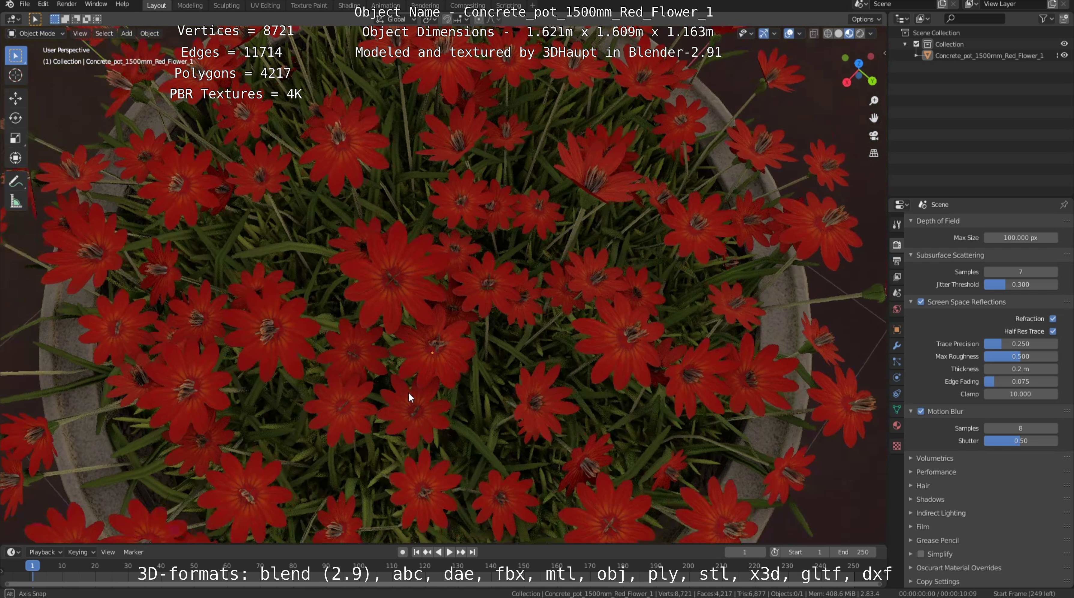 Concrete Pot 1500mm with Red Flowers Version 1 Low-poly 3D model_30