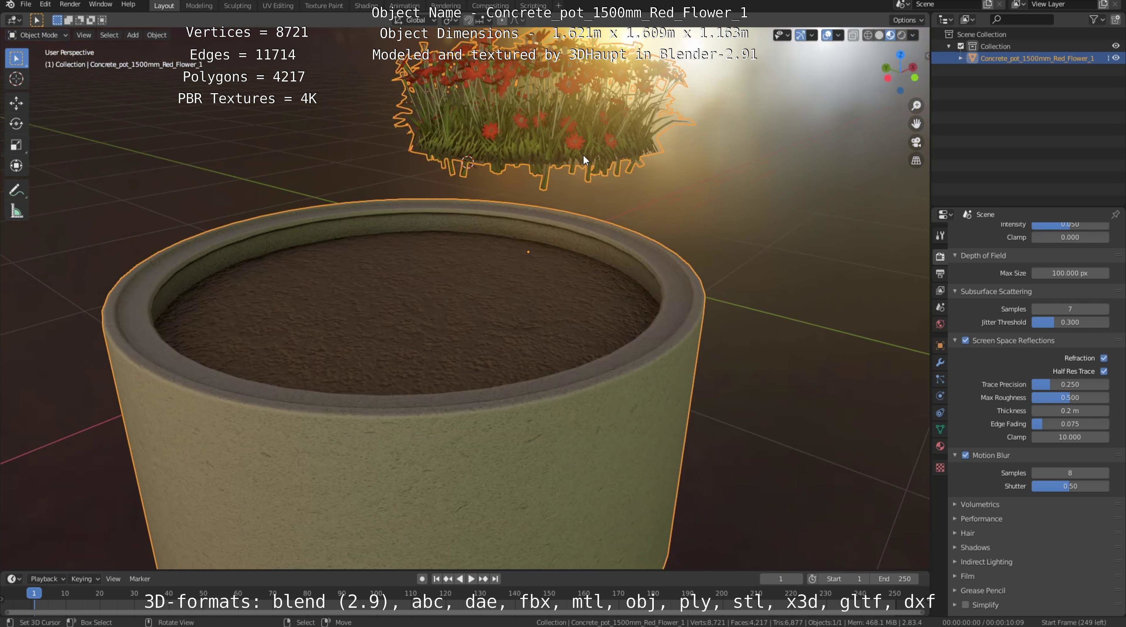 Concrete Pot 1500mm with Red Flowers Version 1 Low-poly 3D model_88