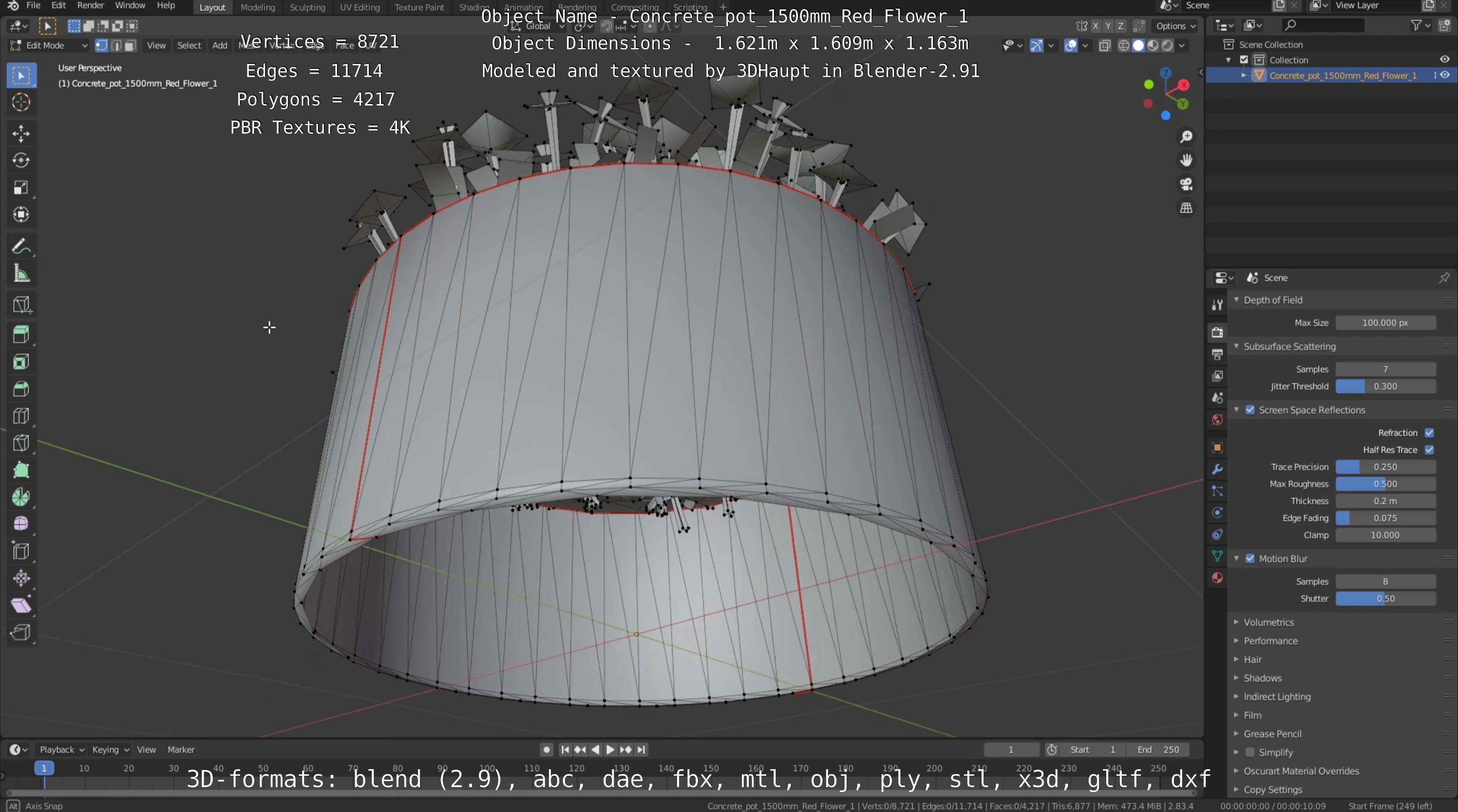 Concrete Pot 1500mm with Red Flowers Version 1 Low-poly 3D model_68
