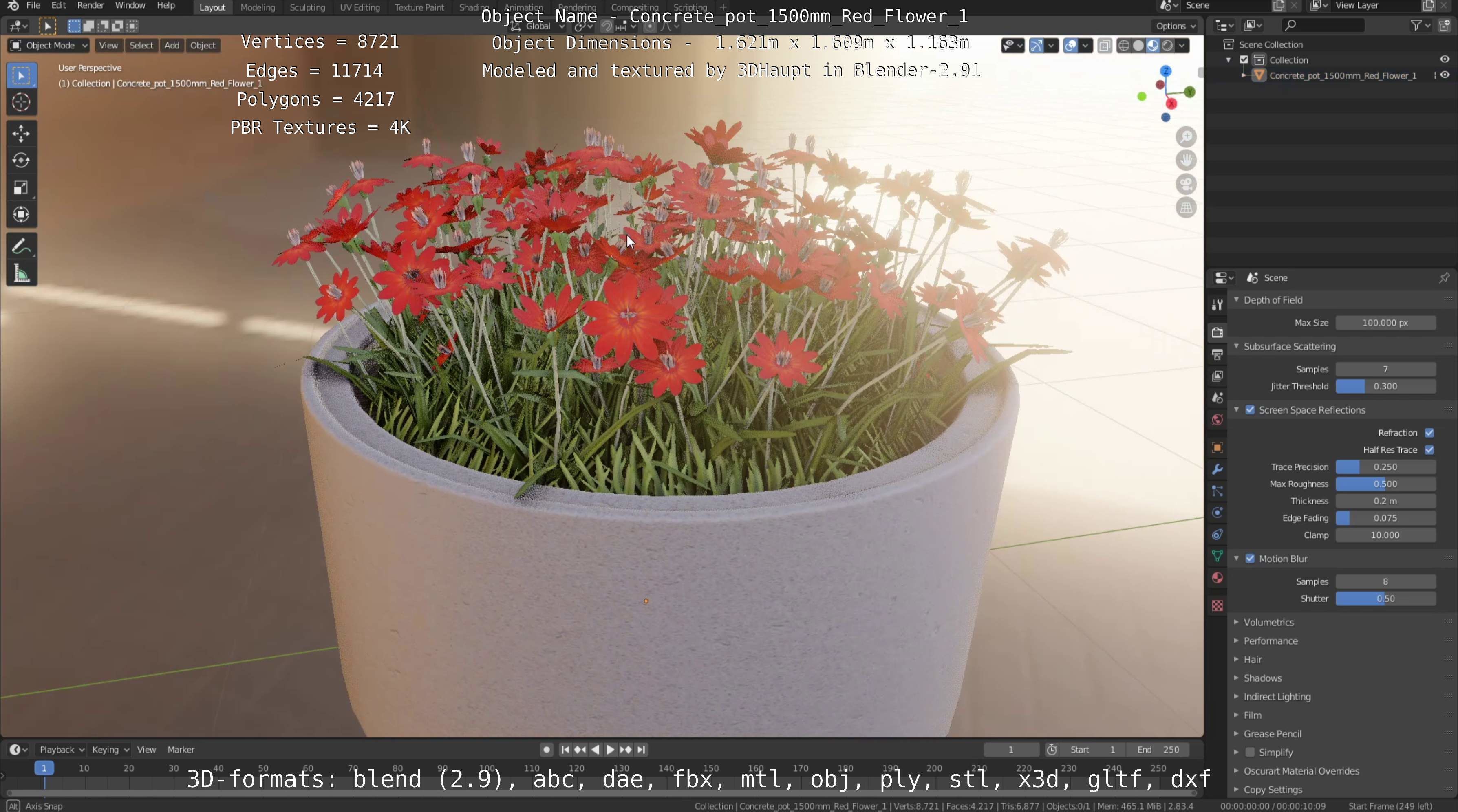 Concrete Pot 1500mm with Red Flowers Version 1 Low-poly 3D model_40