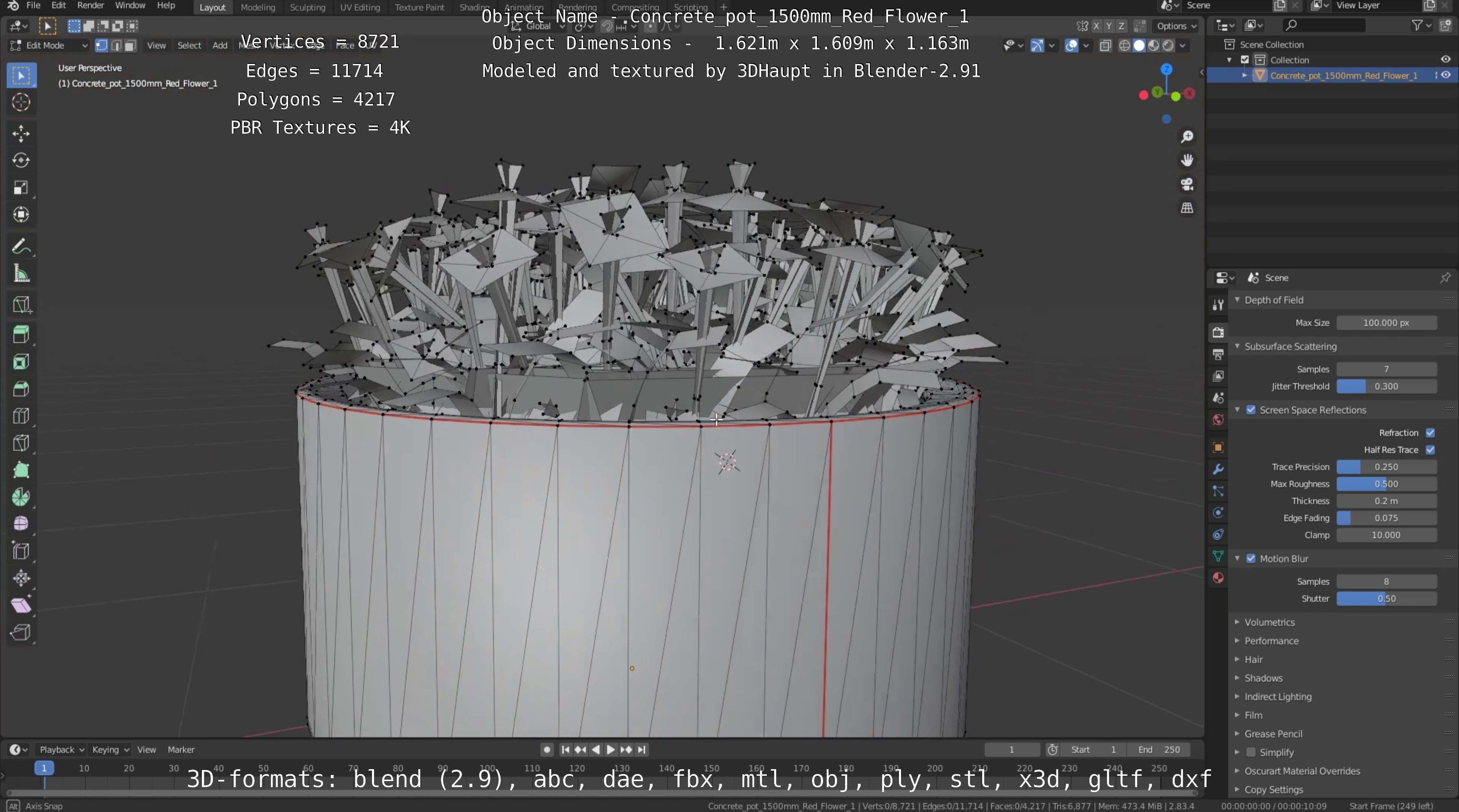 Concrete Pot 1500mm with Red Flowers Version 1 Low-poly 3D model_66