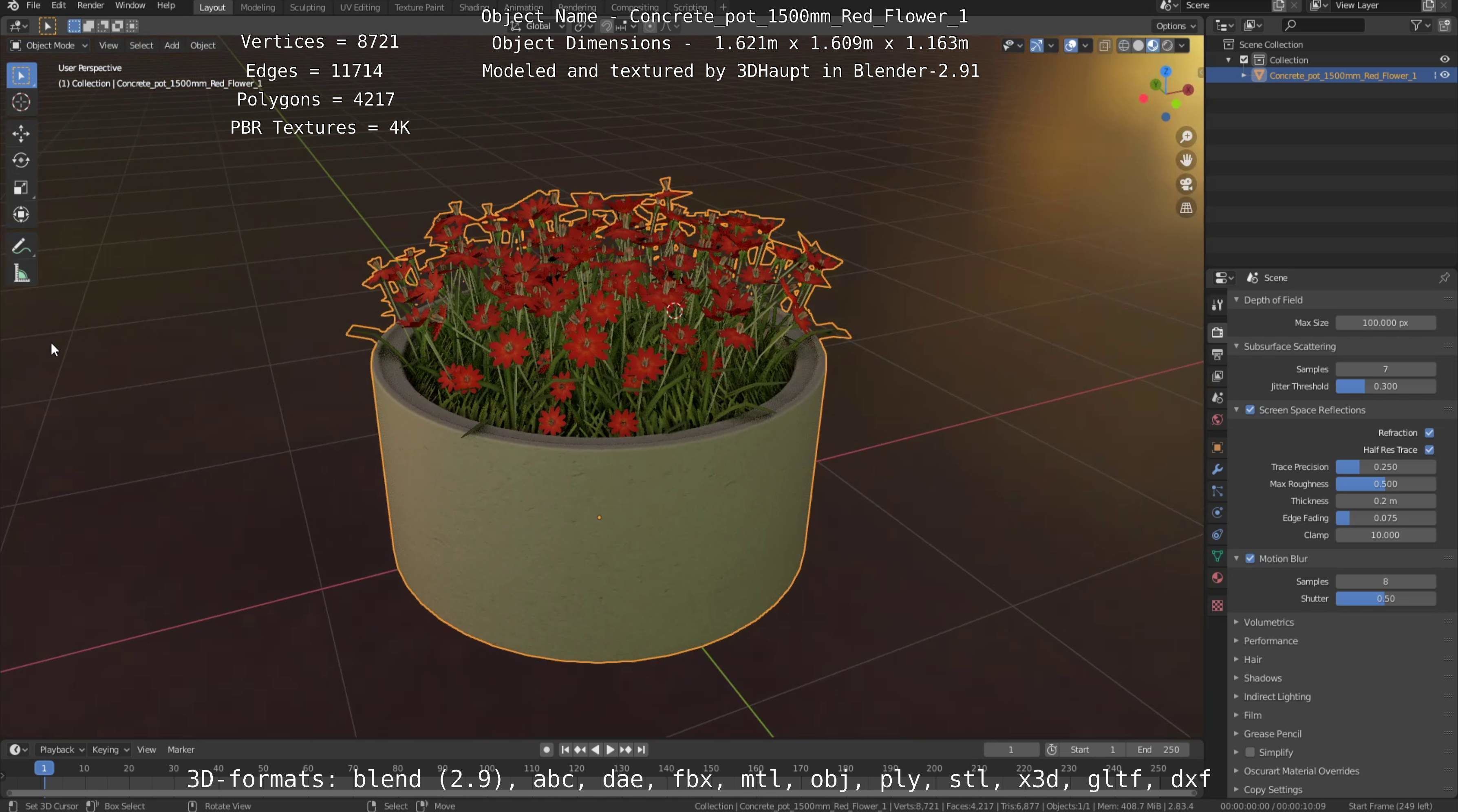 Concrete Pot 1500mm with Red Flowers Version 1 Low-poly 3D model_13