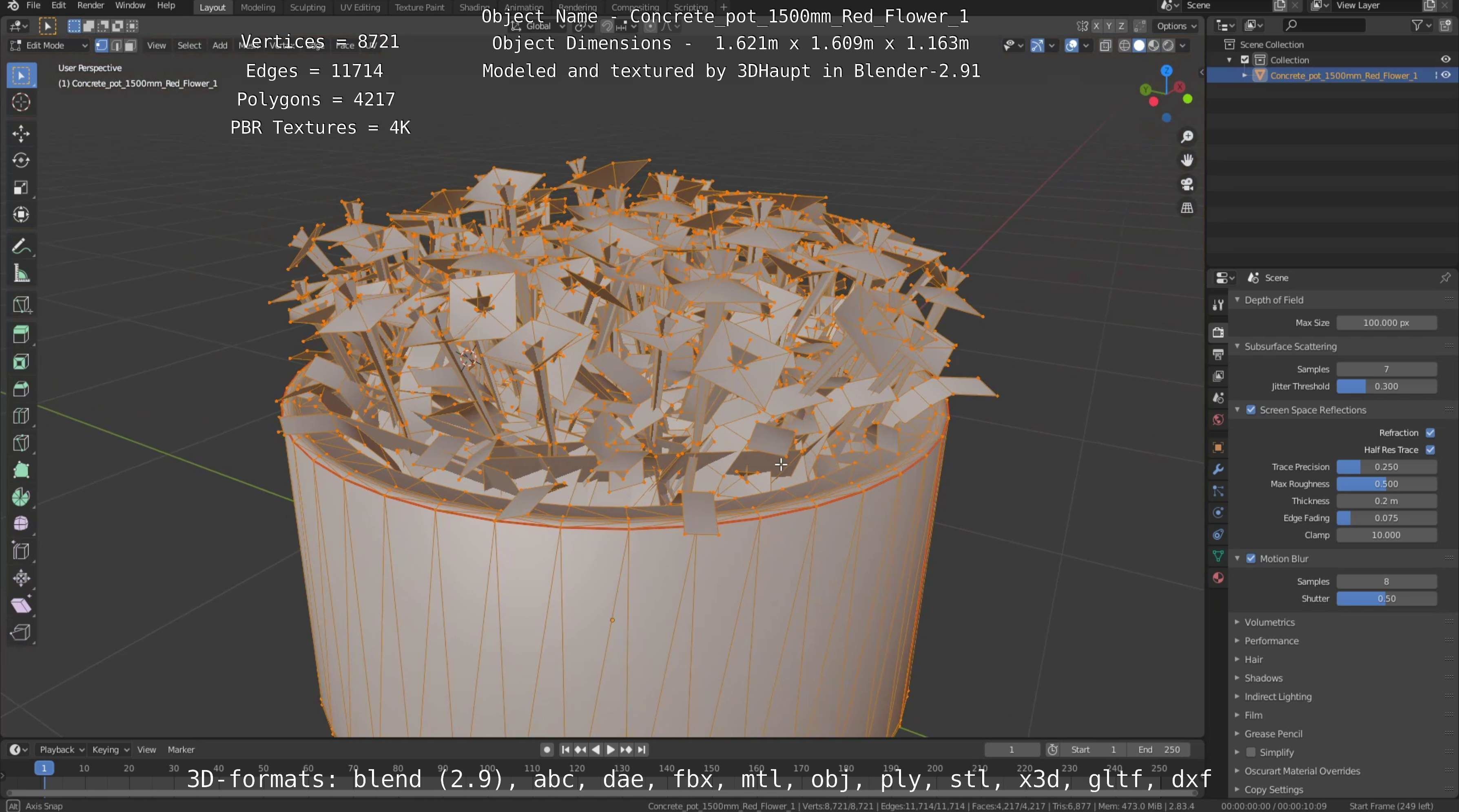 Concrete Pot 1500mm with Red Flowers Version 1 Low-poly 3D model_59