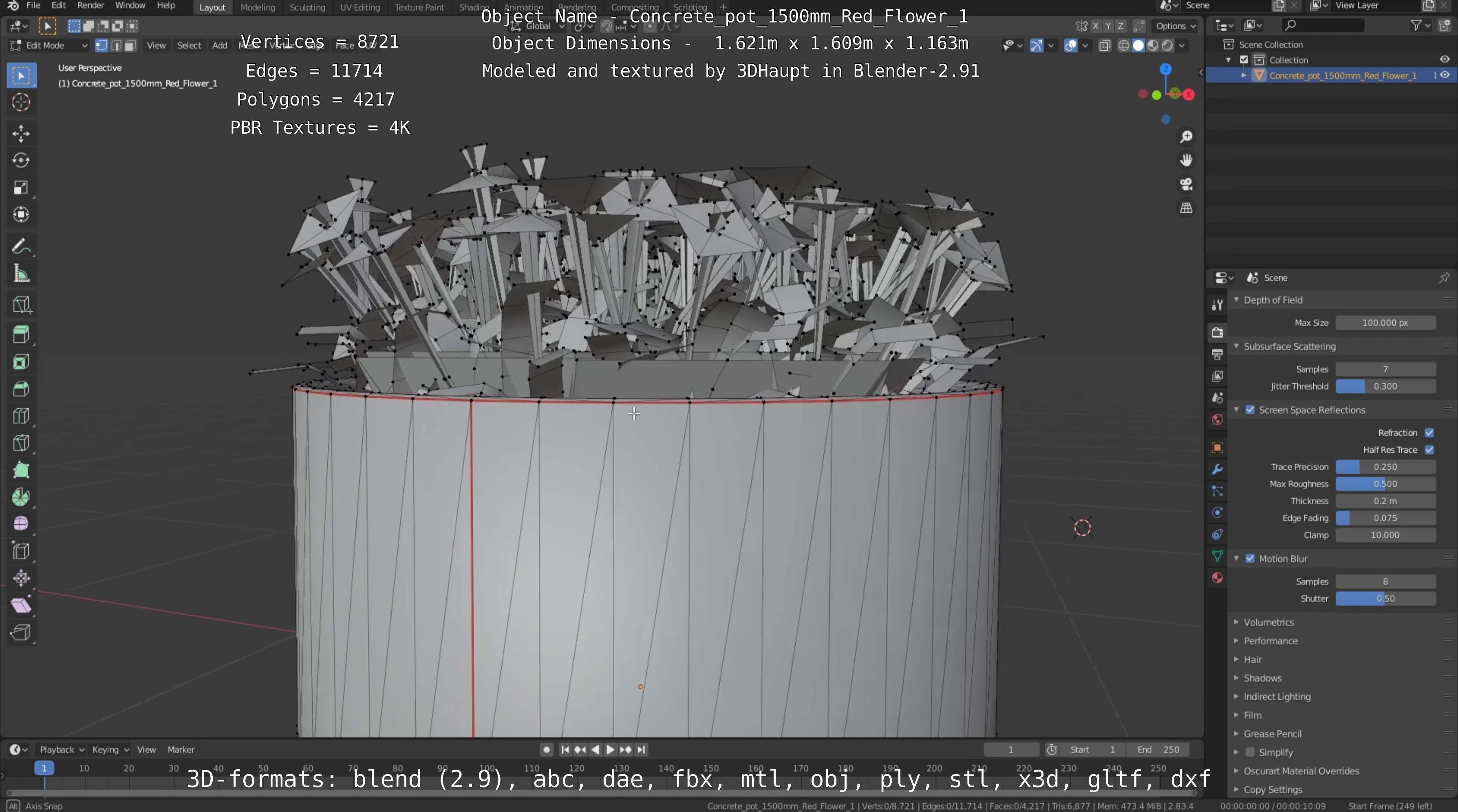 Concrete Pot 1500mm with Red Flowers Version 1 Low-poly 3D model_64