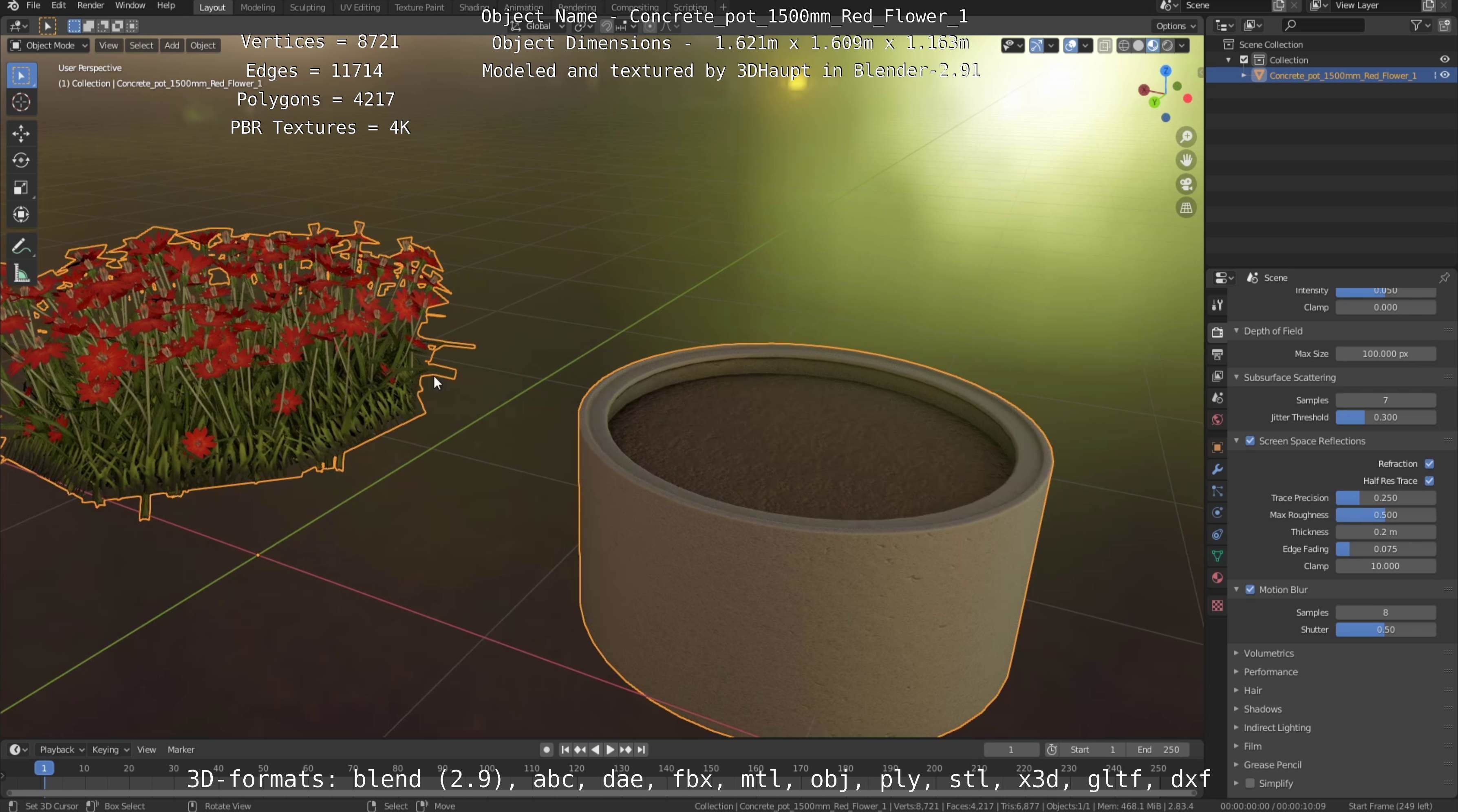 Concrete Pot 1500mm with Red Flowers Version 1 Low-poly 3D model_80