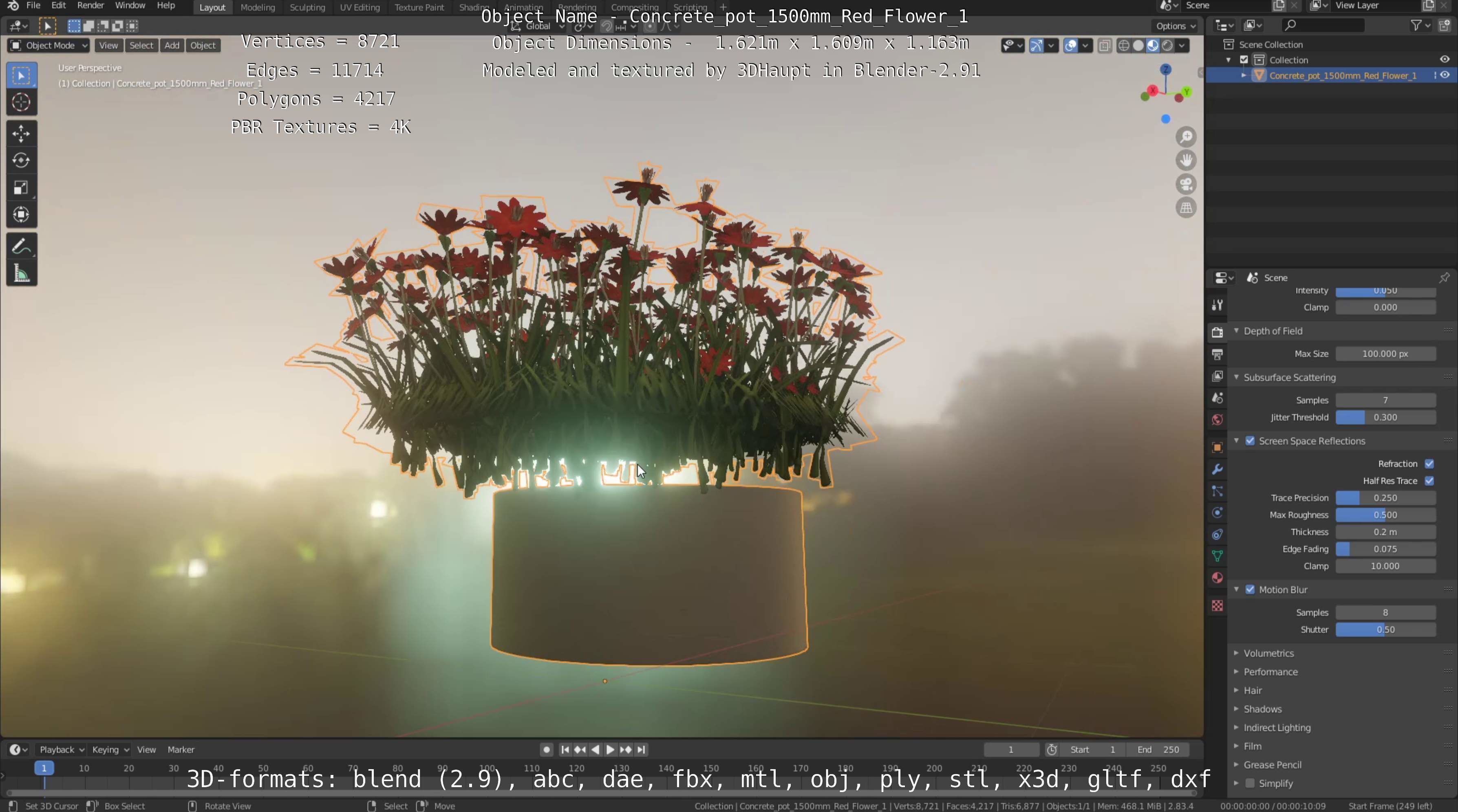 Concrete Pot 1500mm with Red Flowers Version 1 Low-poly 3D model_98