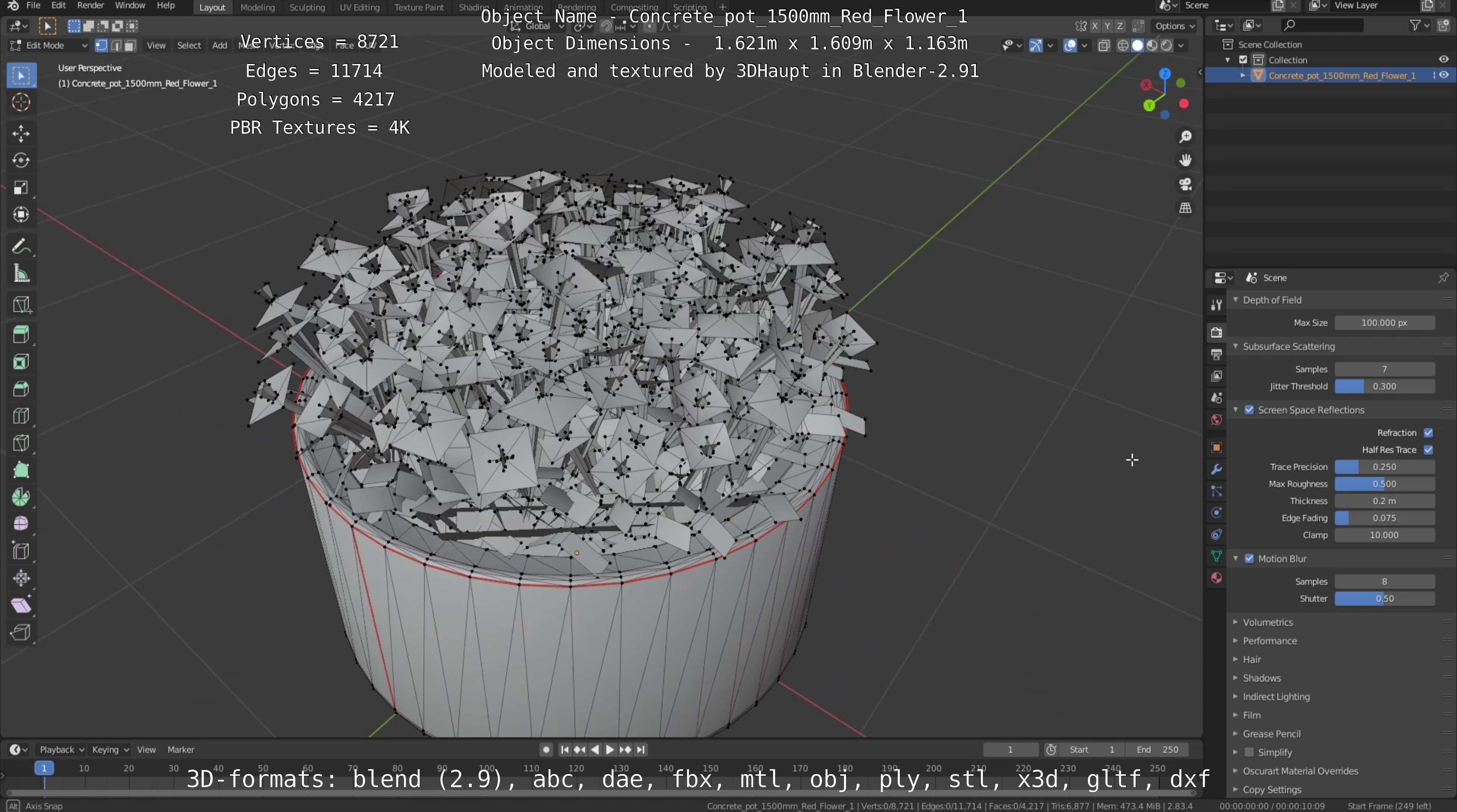 Concrete Pot 1500mm with Red Flowers Version 1 Low-poly 3D model_75