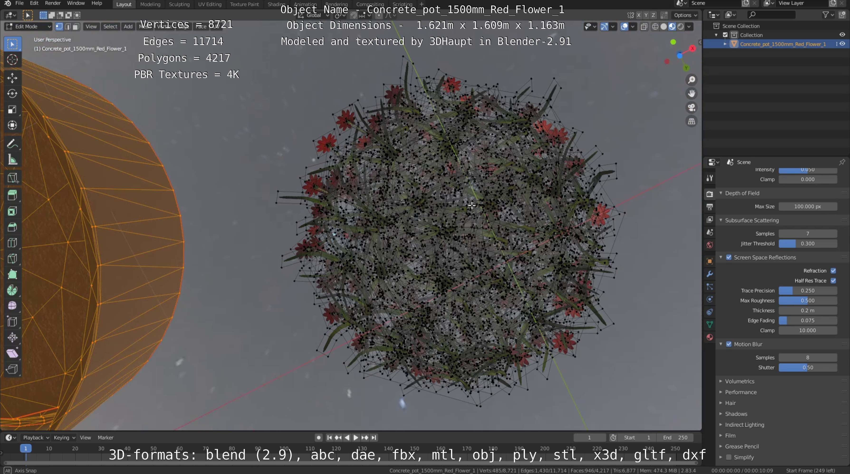 Concrete Pot 1500mm with Red Flowers Version 1 Low-poly 3D model_17